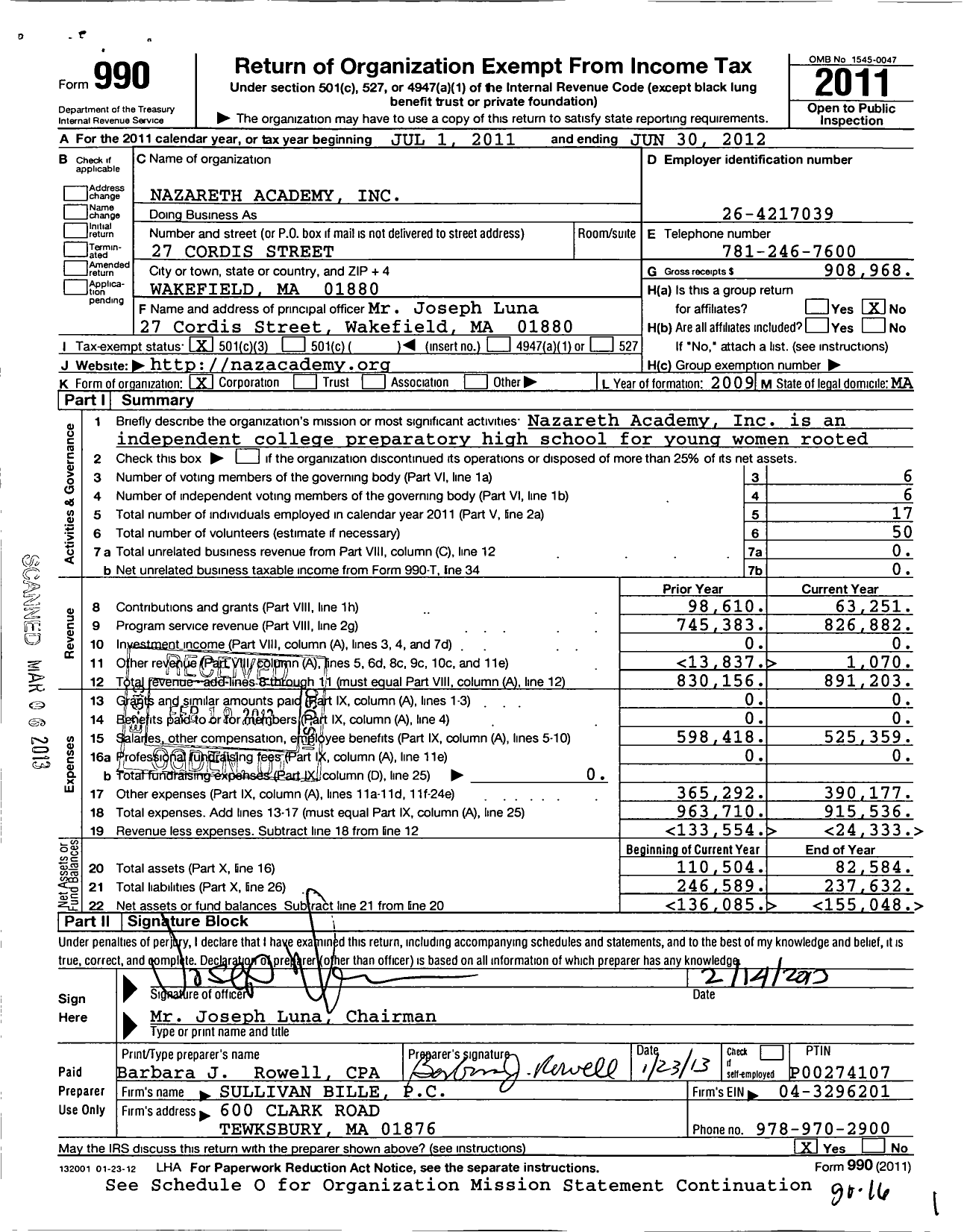 Image of first page of 2011 Form 990 for Nazareth Academy