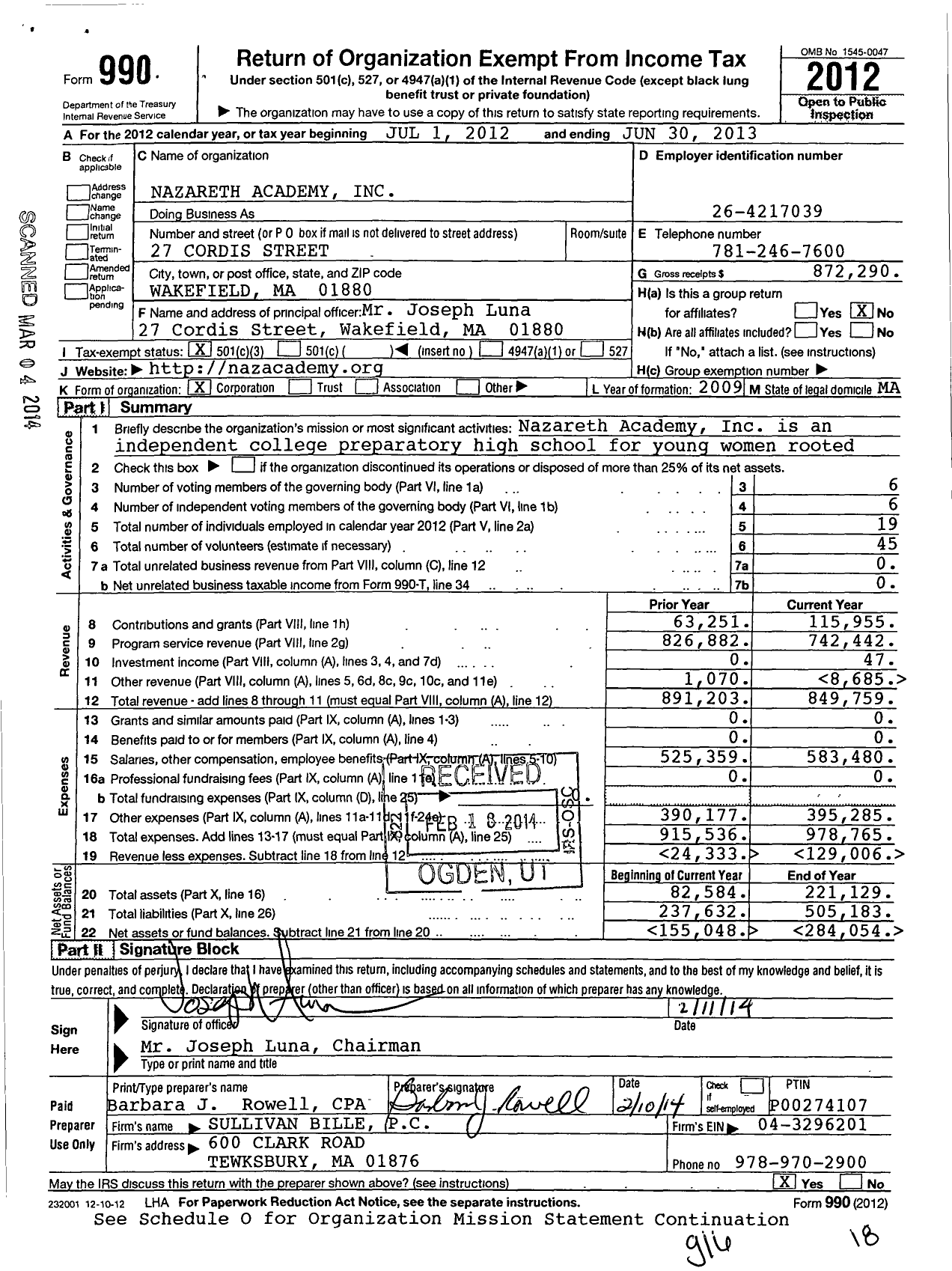 Image of first page of 2012 Form 990 for Nazareth Academy