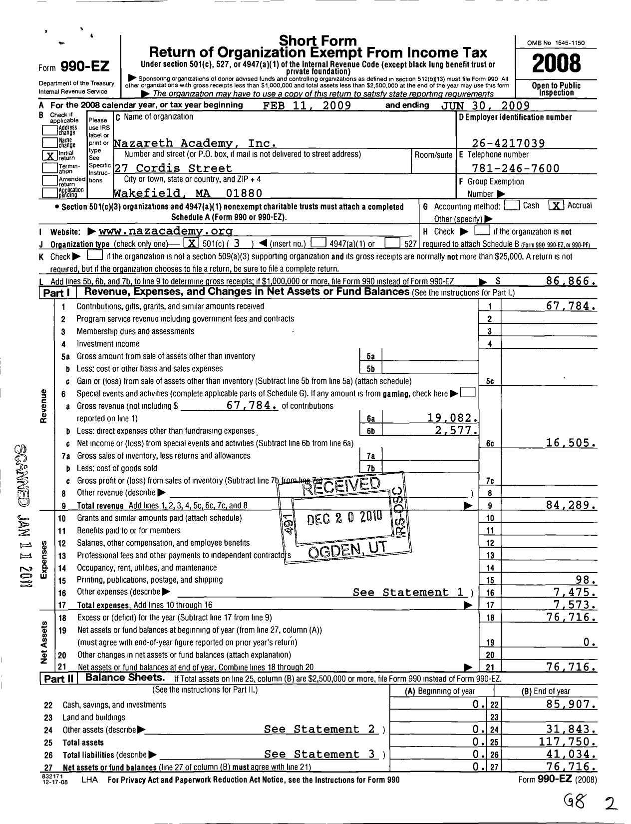 Image of first page of 2008 Form 990EZ for Nazareth Academy