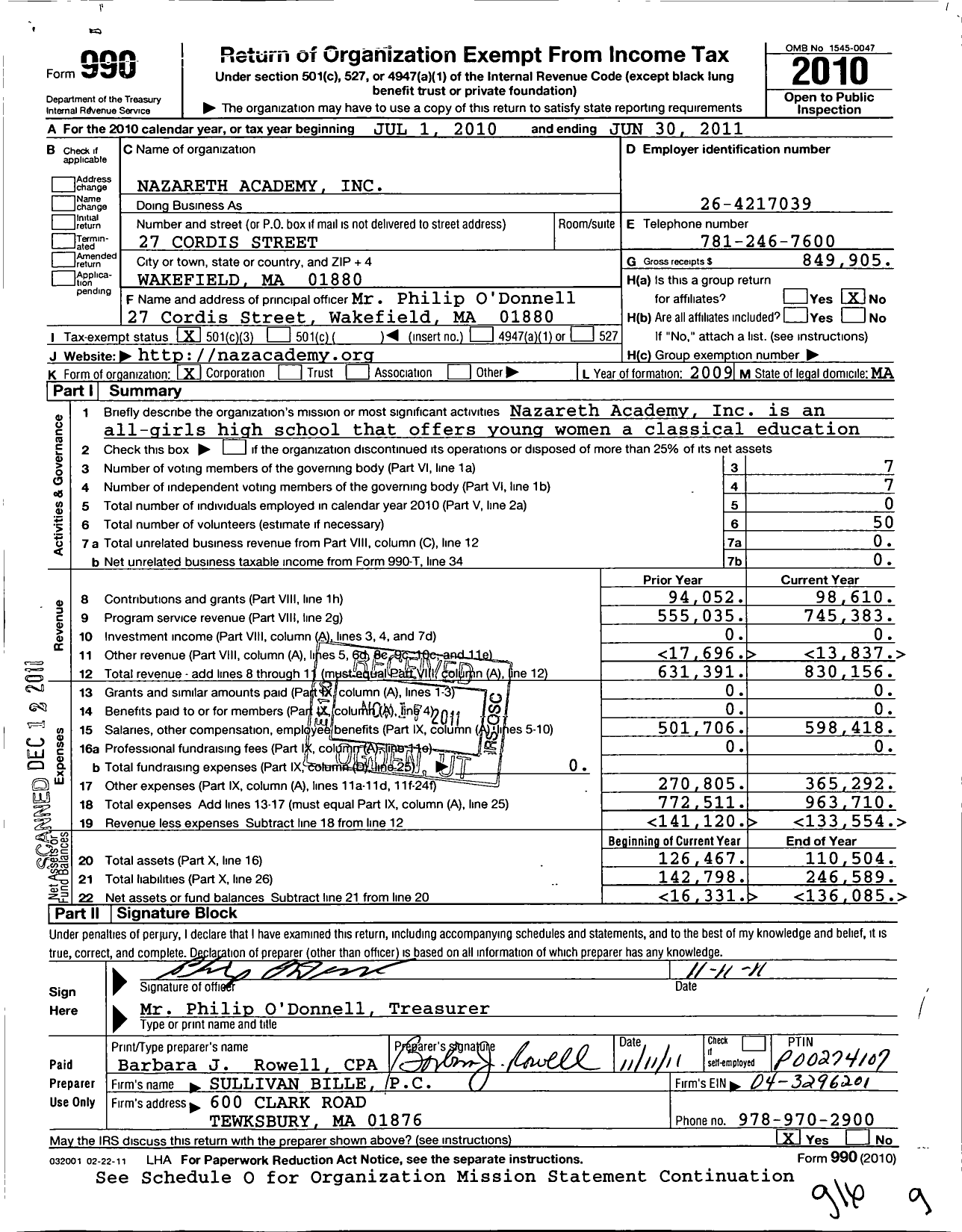 Image of first page of 2010 Form 990 for Nazareth Academy