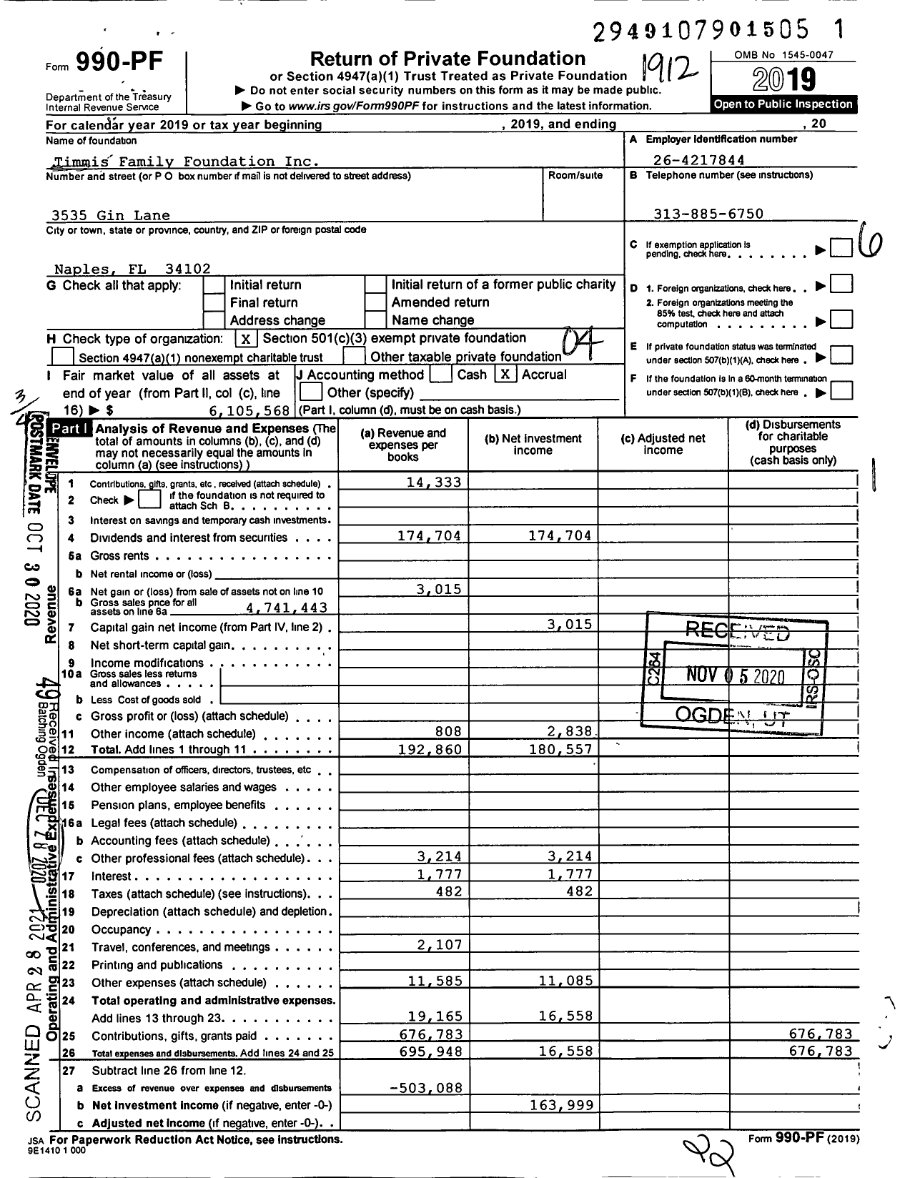 Image of first page of 2019 Form 990PF for Timmis Family Foundation