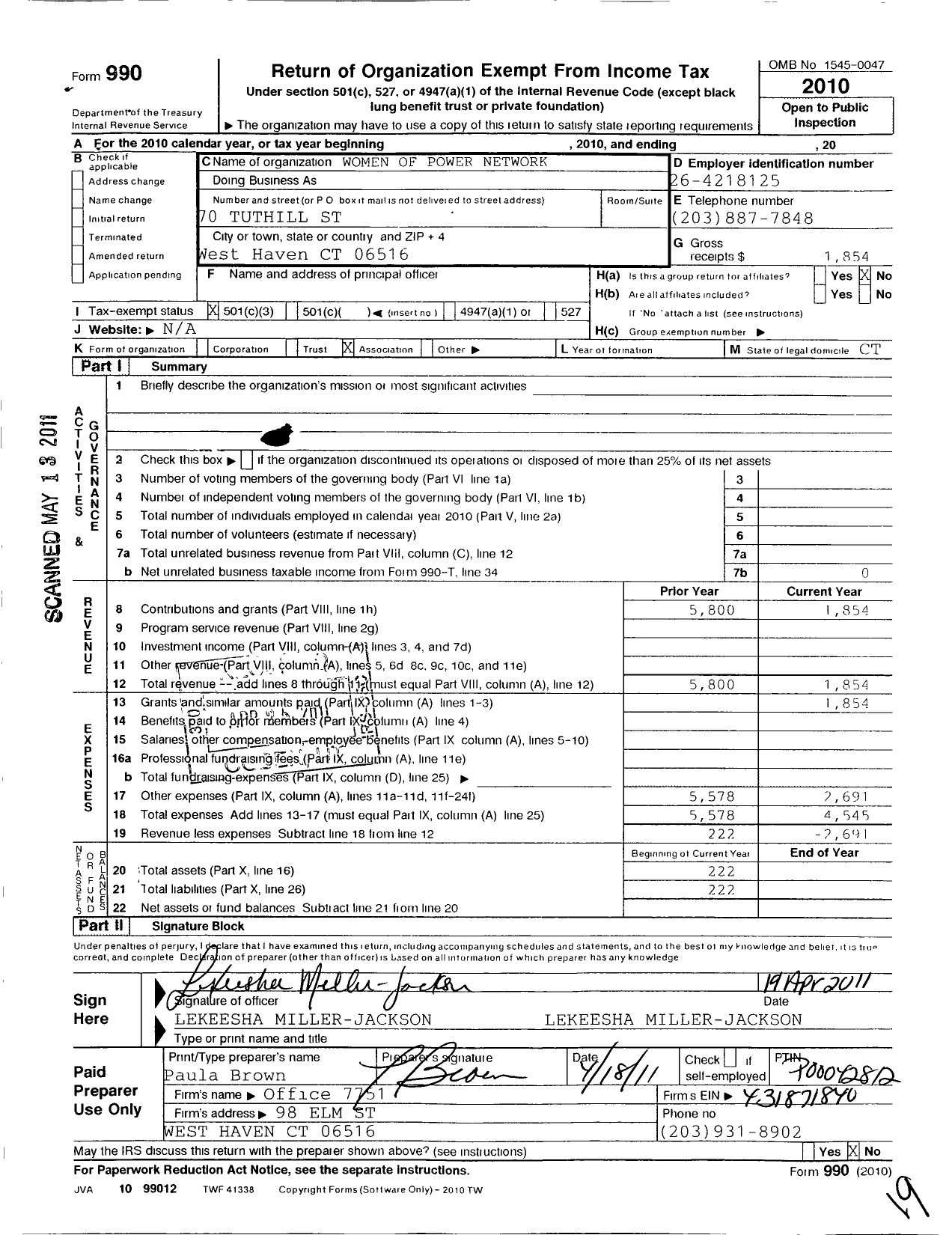 Image of first page of 2010 Form 990 for Women of Power Network