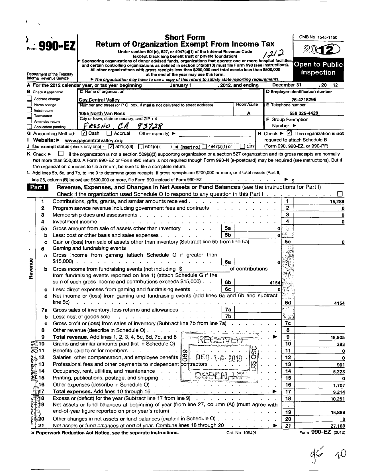 Image of first page of 2012 Form 990EZ for Gay Central Valley