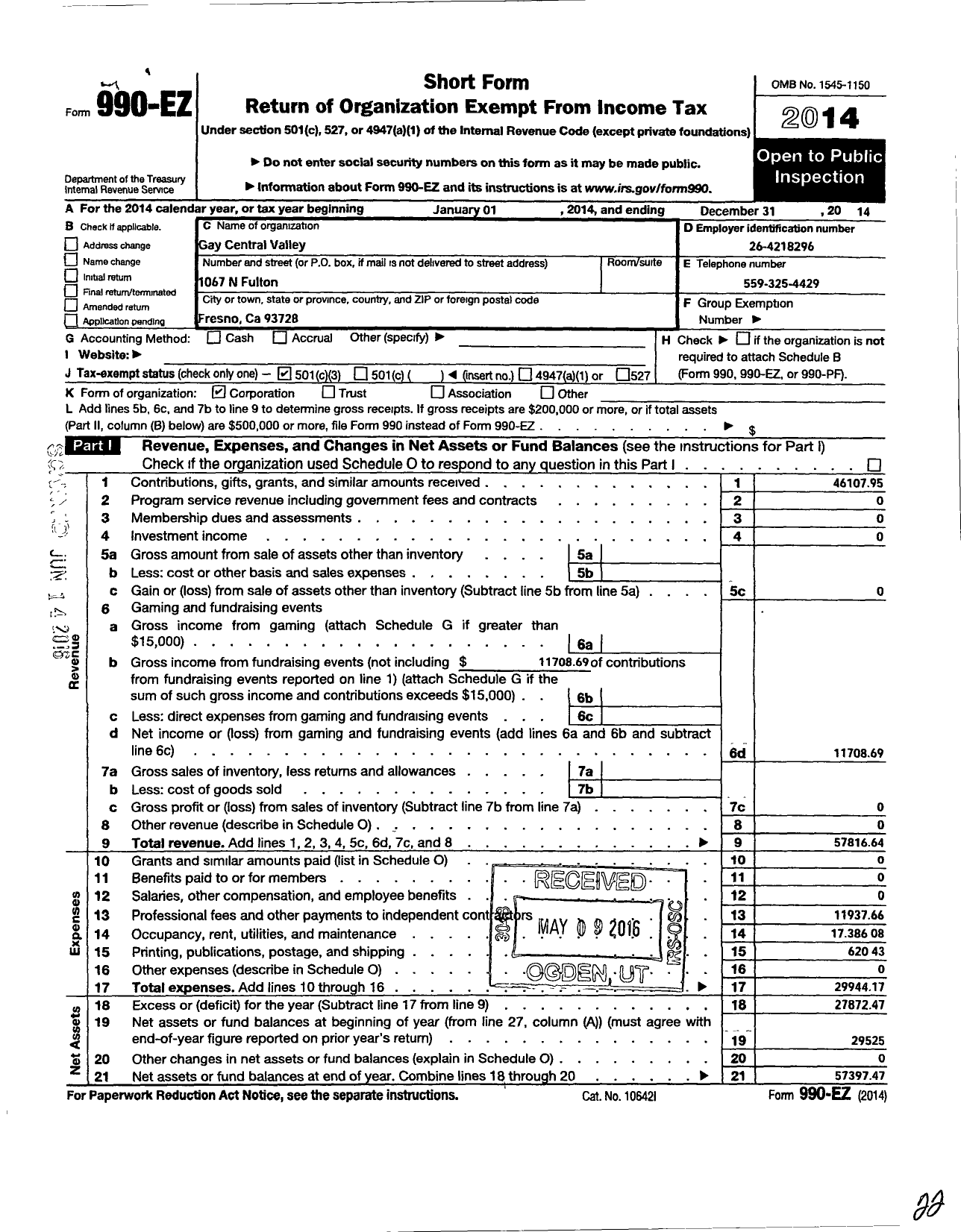 Image of first page of 2014 Form 990EZ for Gay Central Valley