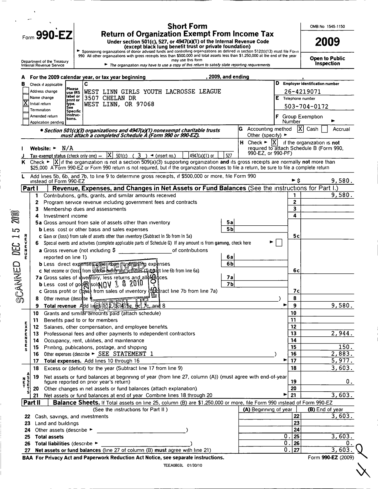 Image of first page of 2009 Form 990EZ for West Linn Girls Youth Lacrosse League