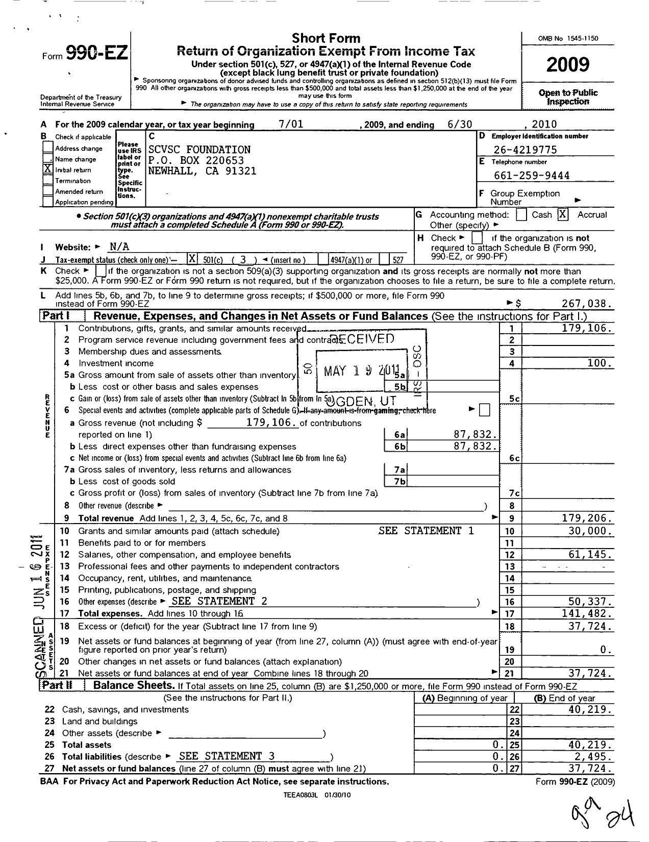 Image of first page of 2009 Form 990EZ for SCVSC Foundation