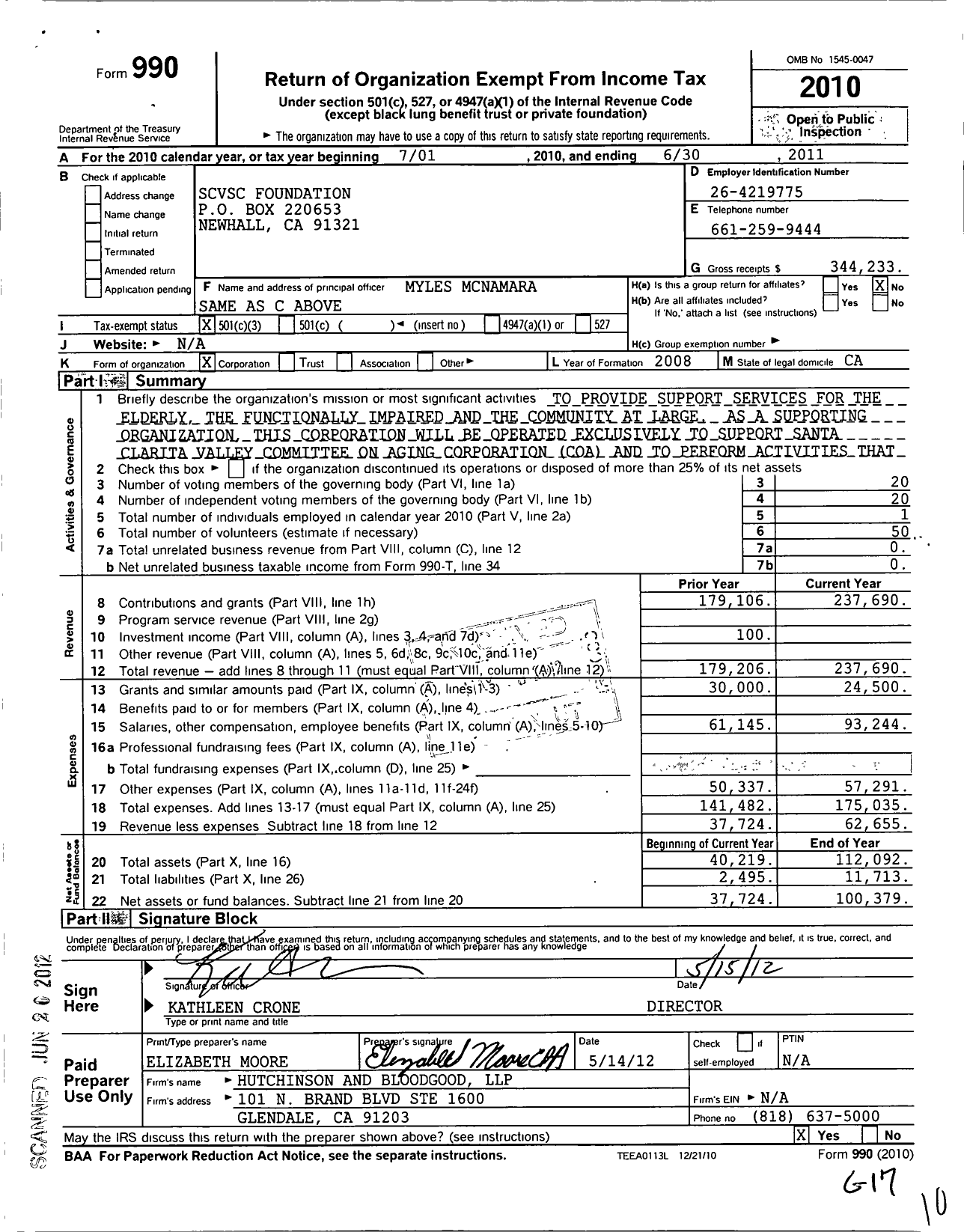 Image of first page of 2010 Form 990 for SCVSC Foundation