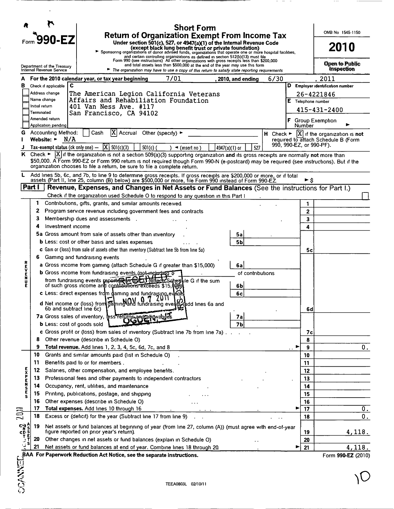 Image of first page of 2010 Form 990EZ for The American Legion Ca Veterans Affairs and Rehabilitation Foundation