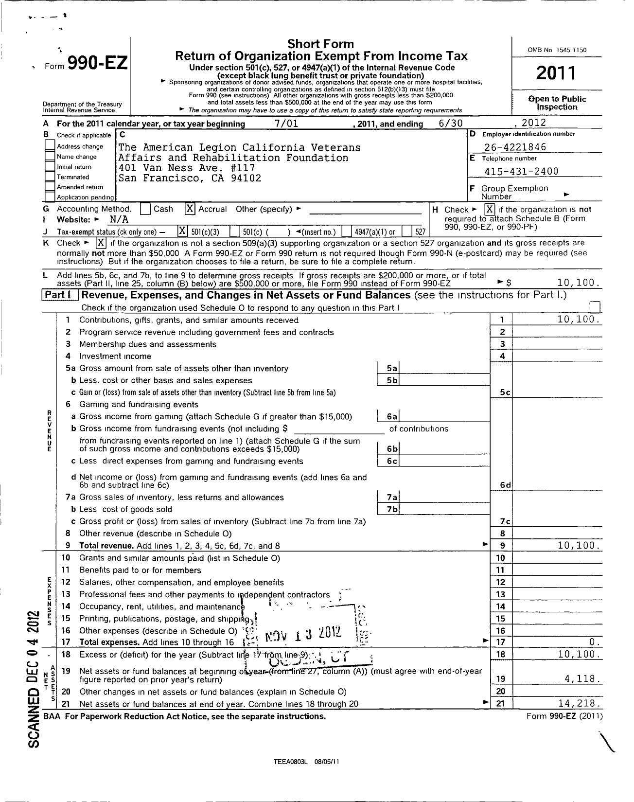 Image of first page of 2011 Form 990EZ for The American Legion Ca Veterans Affairs and Rehabilitation Foundation