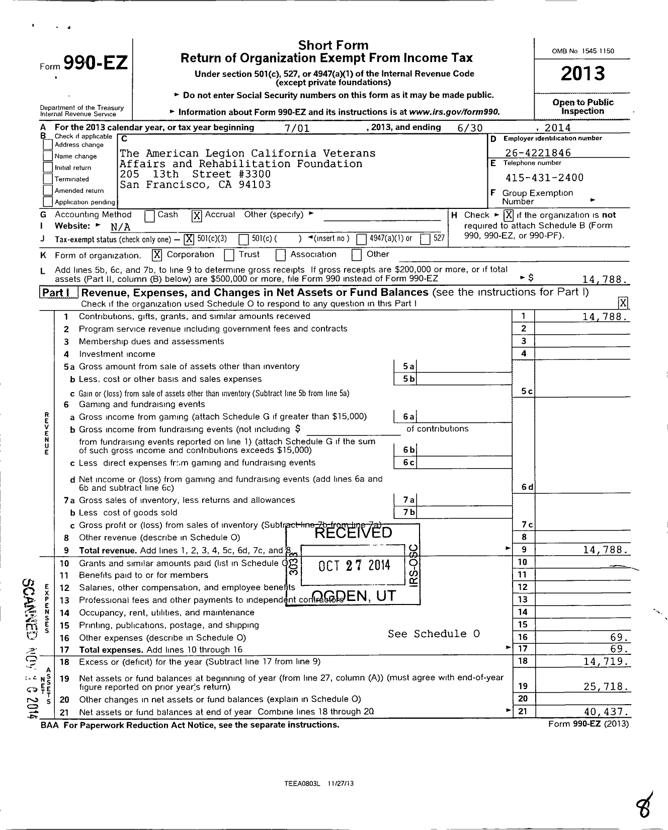 Image of first page of 2013 Form 990EZ for The American Legion Ca Veterans Affairs and Rehabilitation Foundation