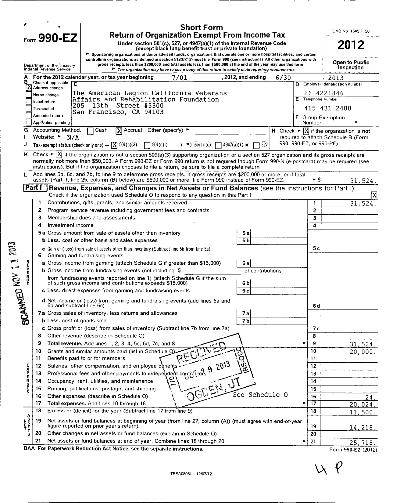 Image of first page of 2012 Form 990EZ for The American Legion Ca Veterans Affairs and Rehabilitation Foundation