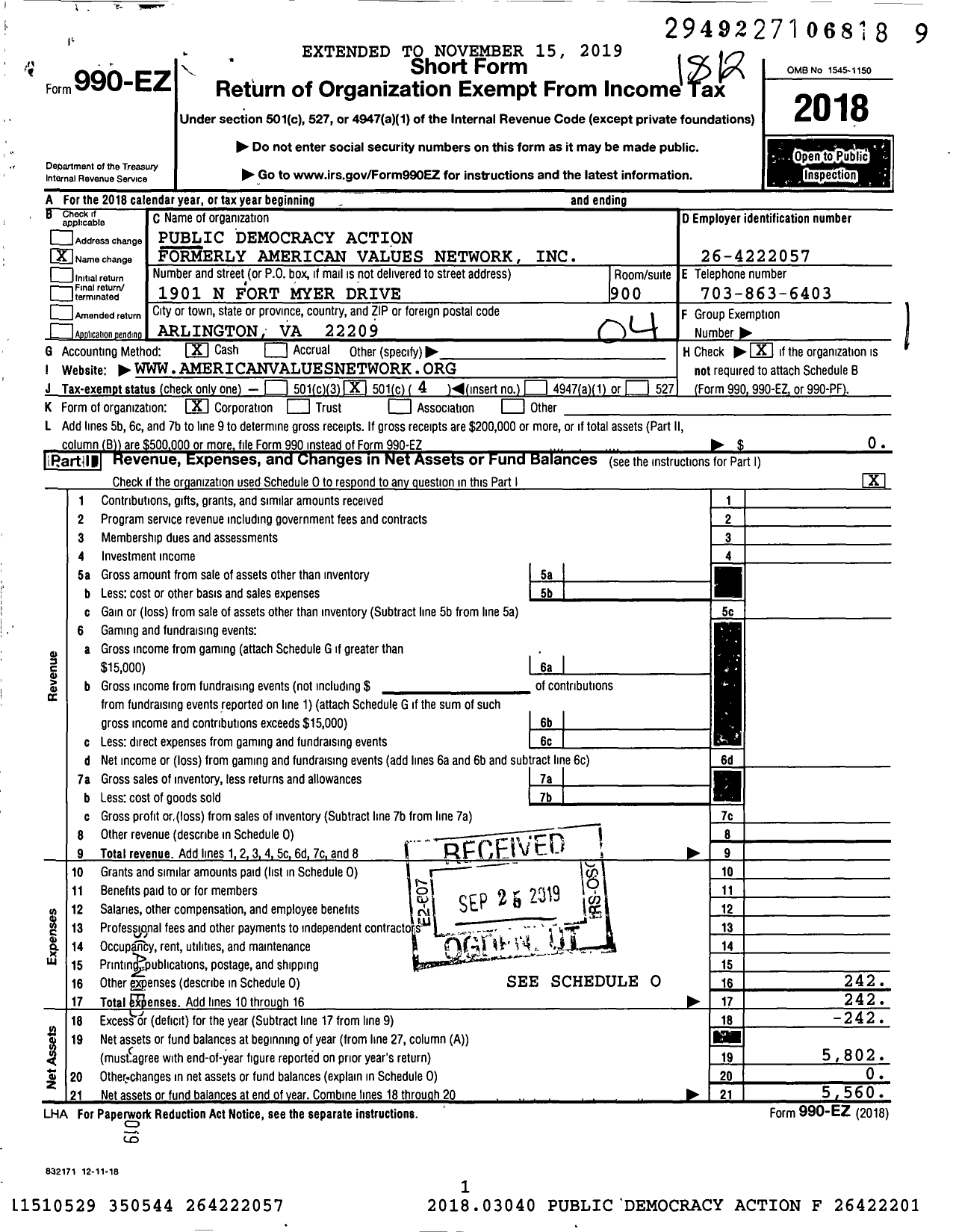 Image of first page of 2018 Form 990EO for Public Democracy Action