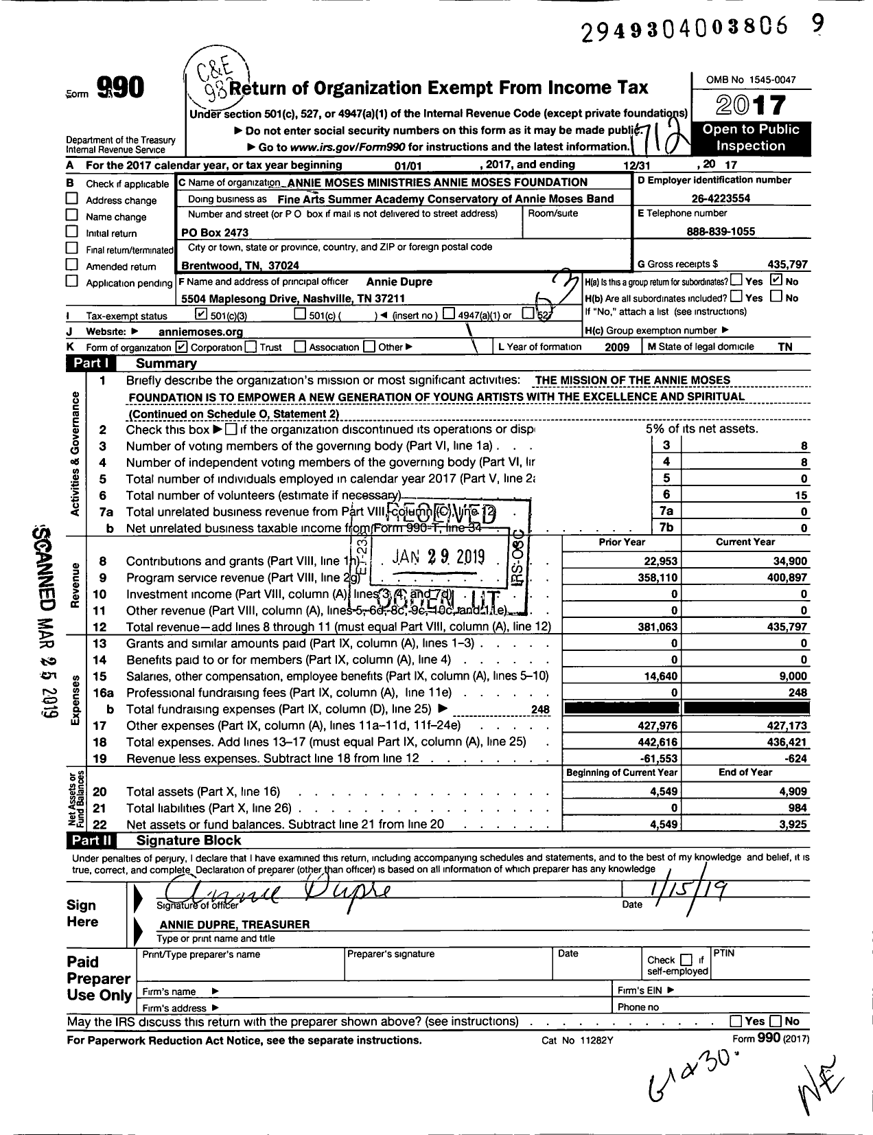 Image of first page of 2017 Form 990 for Annie Moses Ministries