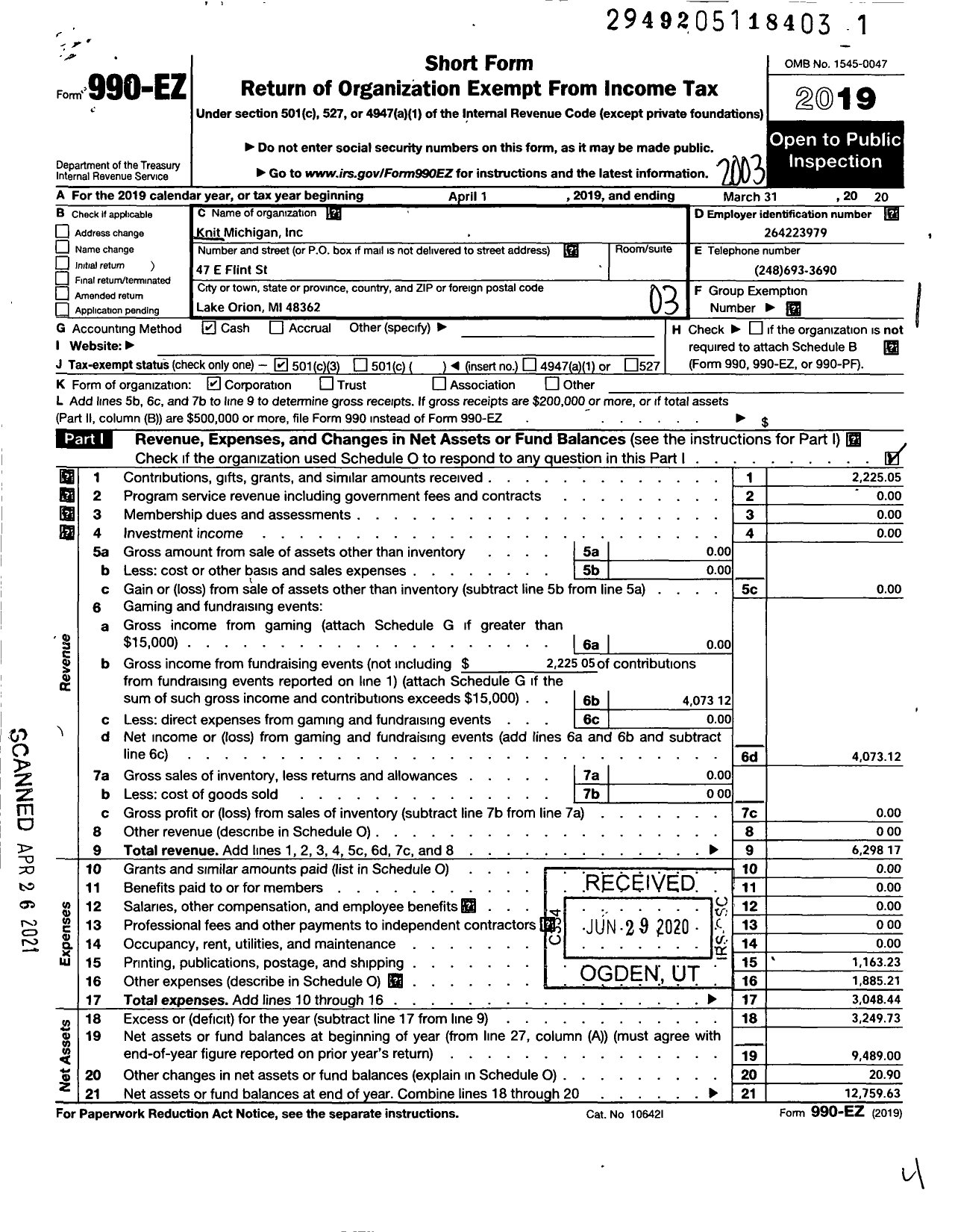 Image of first page of 2019 Form 990EZ for Knit Michigan