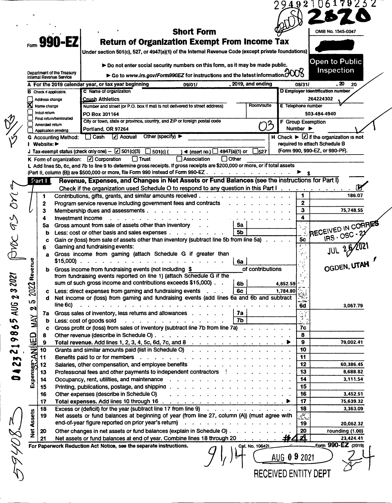 Image of first page of 2019 Form 990EZ for Crush Athletics Blue Crush Aquatics