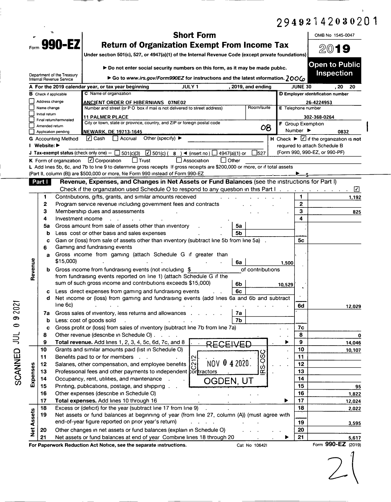 Image of first page of 2019 Form 990EO for Ancient Order of Hibernians in America 07ne02