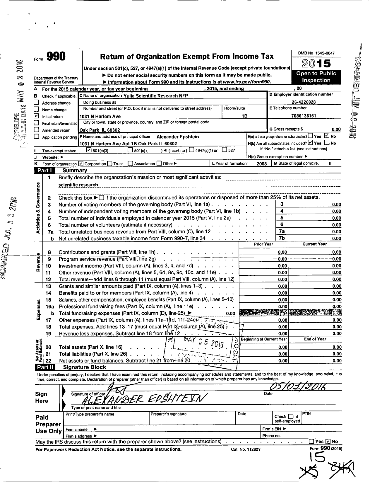 Image of first page of 2015 Form 990 for Yulia Scientific Research NFP