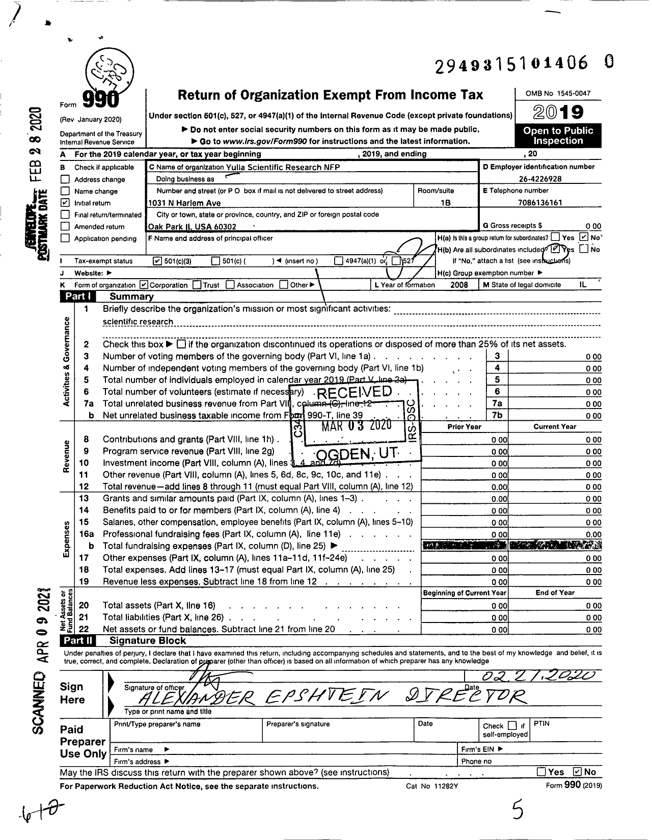 Image of first page of 2019 Form 990 for Yulia Scientific Research NFP