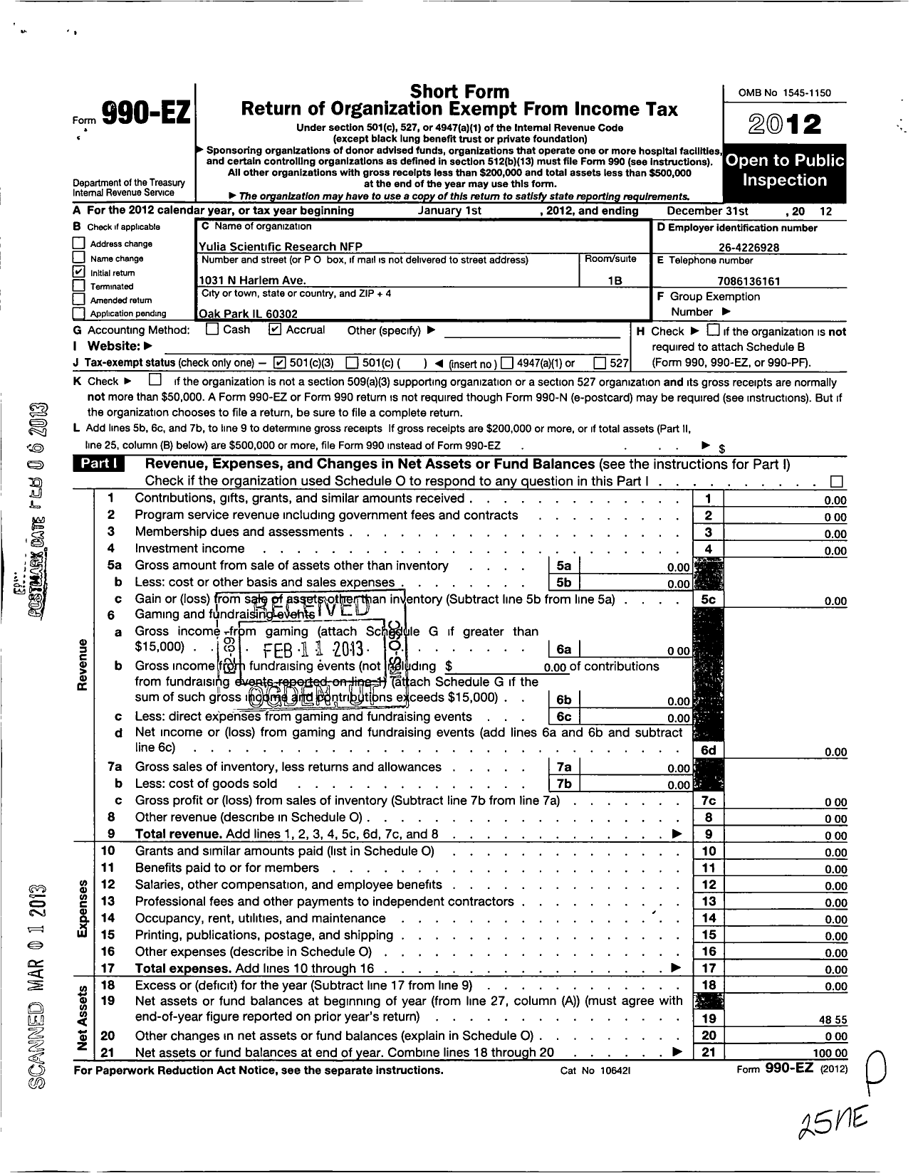 Image of first page of 2012 Form 990EZ for Yulia Scientific Research NFP