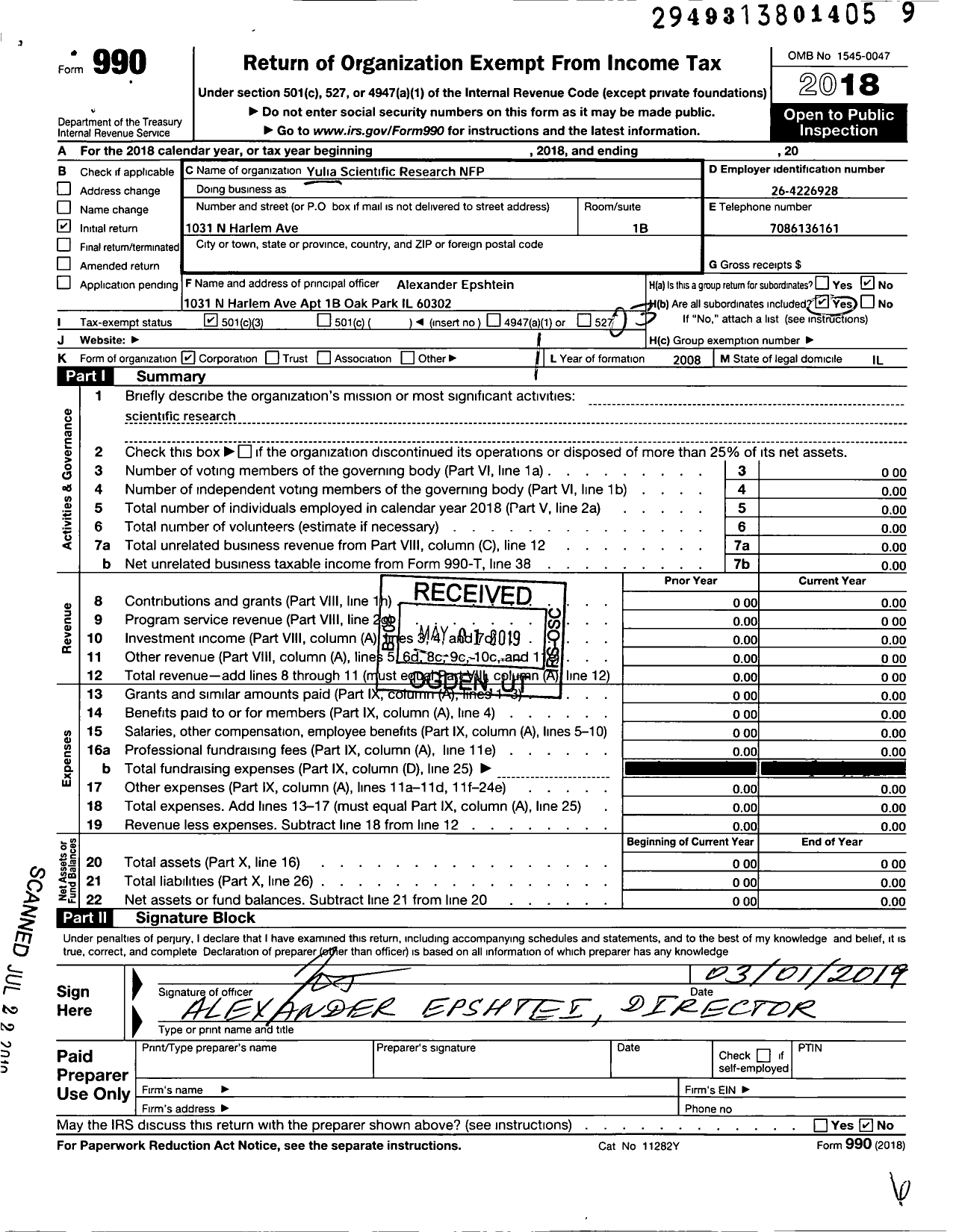 Image of first page of 2018 Form 990 for Yulia Scientific Research NFP