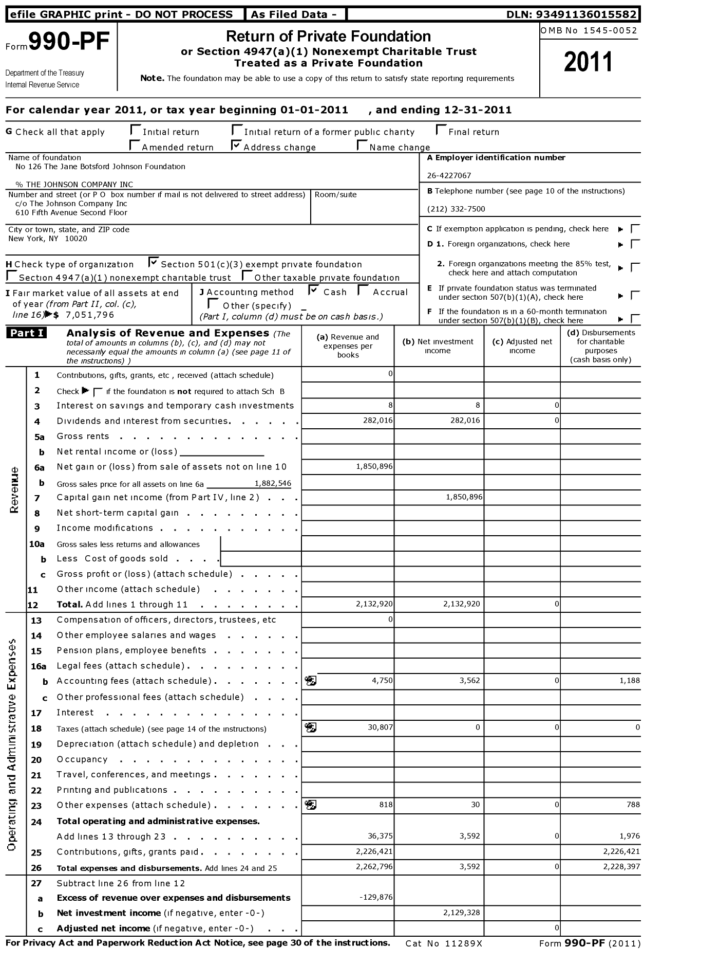 Image of first page of 2011 Form 990PF for No 126 The Jane Botsford Johnson Foundation