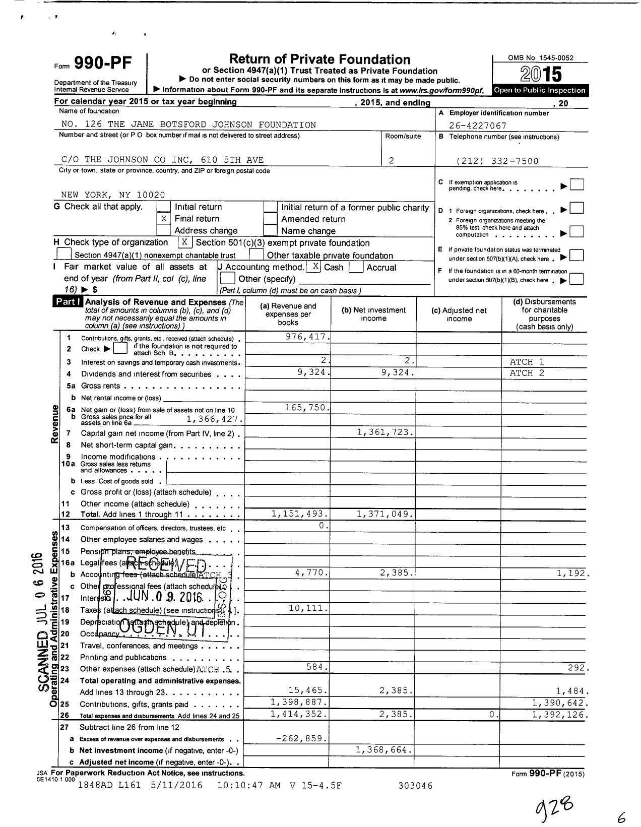 Image of first page of 2015 Form 990PF for No 126 The Jane Botsford Johnson Foundation