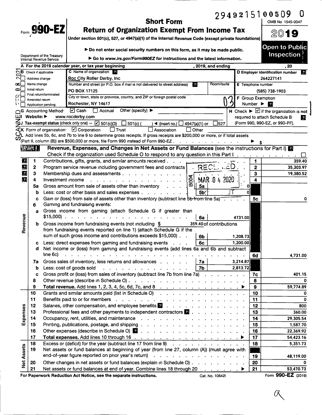 Image of first page of 2019 Form 990EZ for Roc City Roller Derby