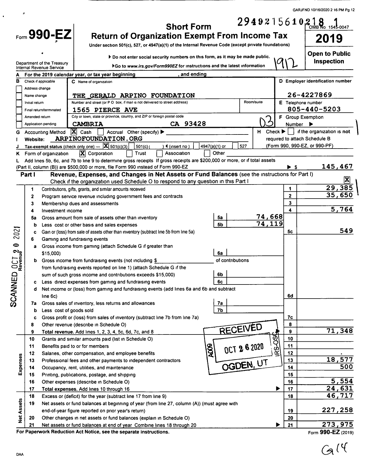 Image of first page of 2019 Form 990EZ for The Gerald Arpino Foundation