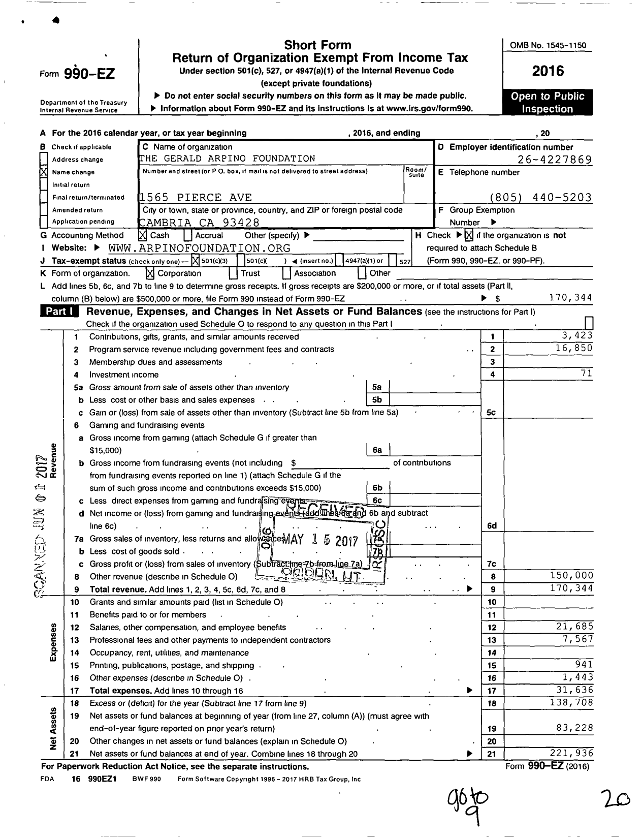 Image of first page of 2016 Form 990EZ for The Gerald Arpino Foundation