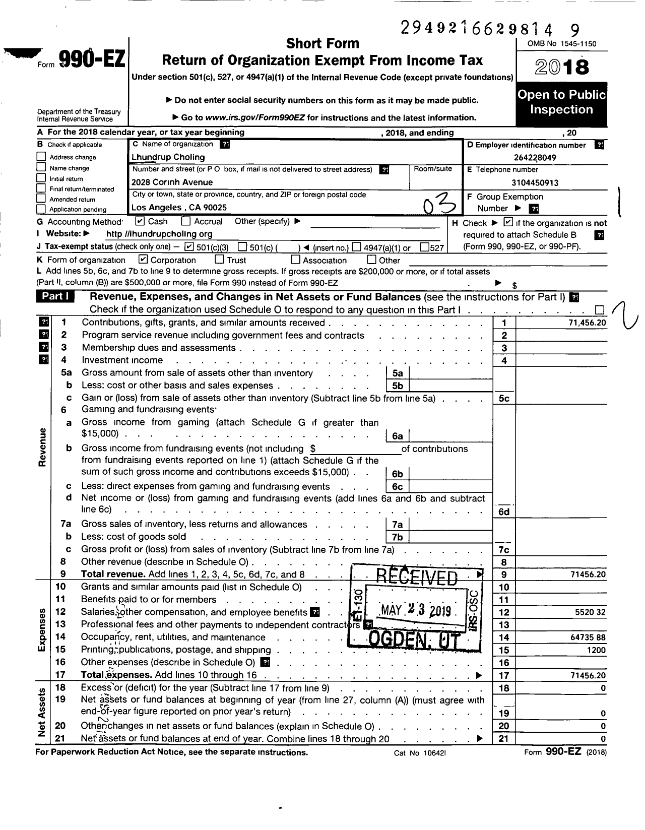 Image of first page of 2018 Form 990EZ for Lhundrup Choling Center