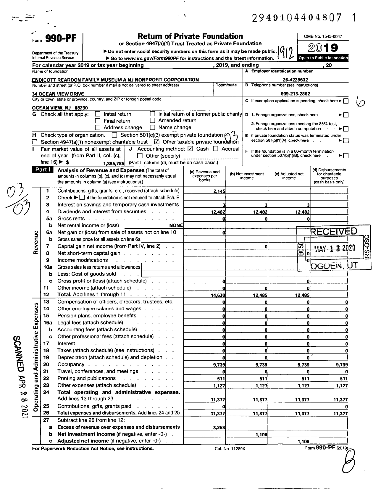 Image of first page of 2019 Form 990PF for Endicott-Reardon Family Museum A NJ Nonprofit Corporation