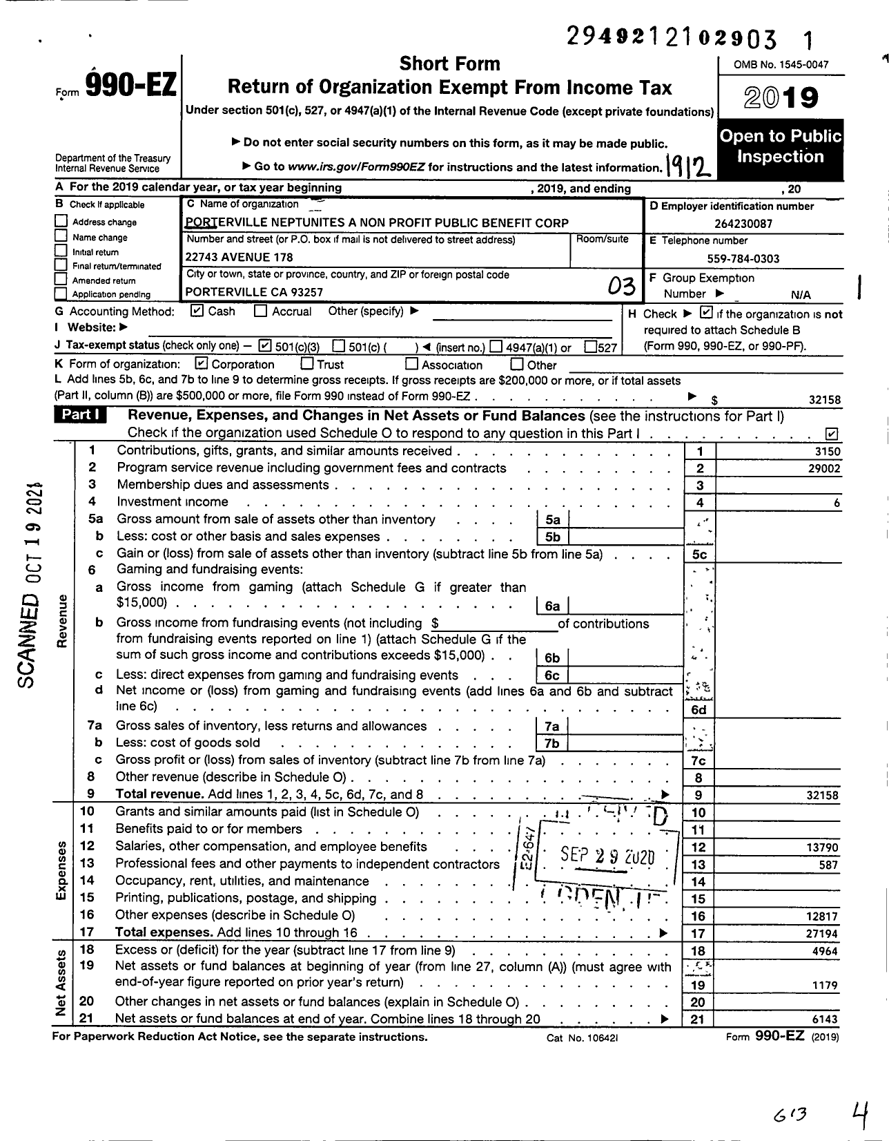 Image of first page of 2019 Form 990EZ for Porterville Neptunties