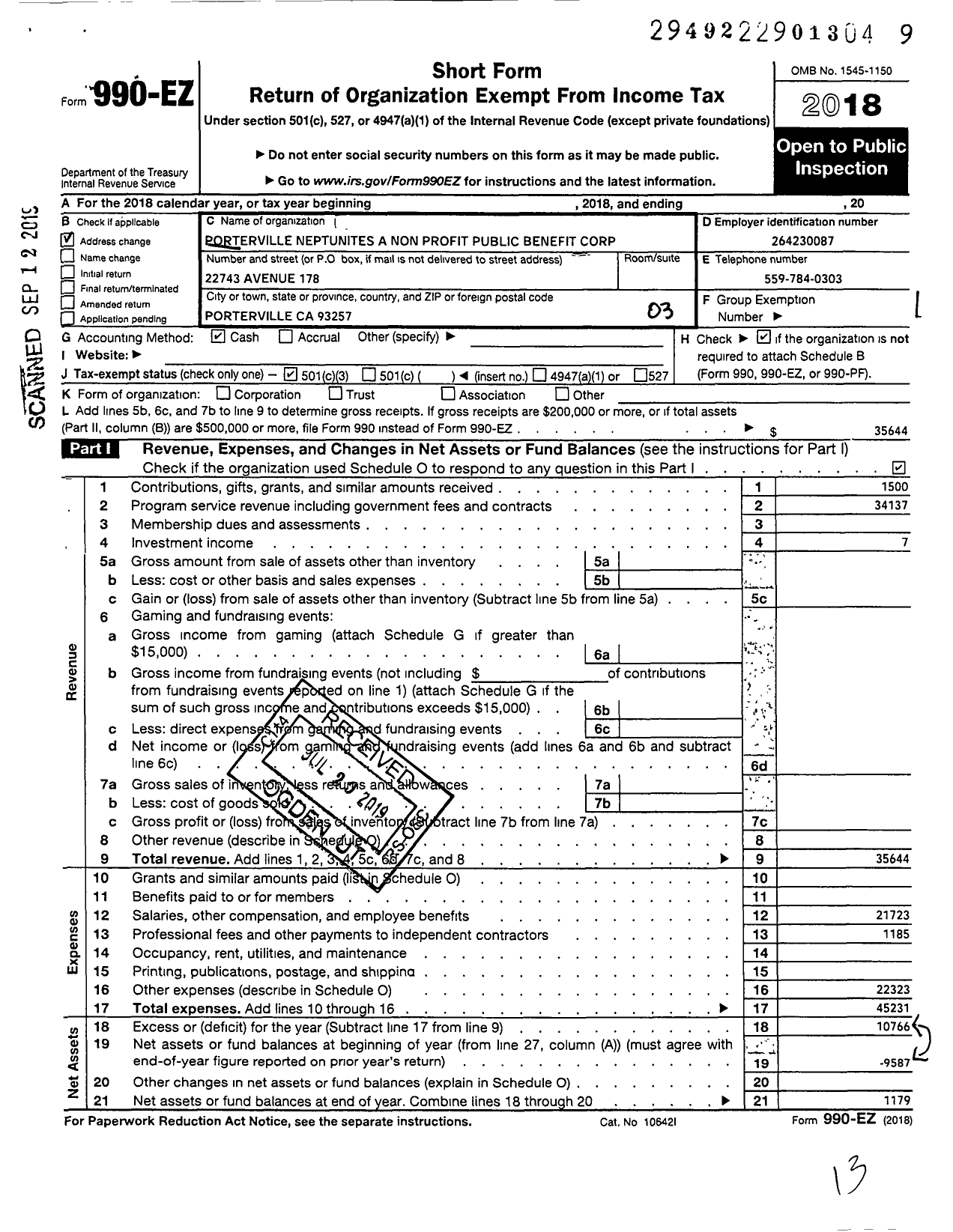 Image of first page of 2018 Form 990EZ for Porterville Neptunties