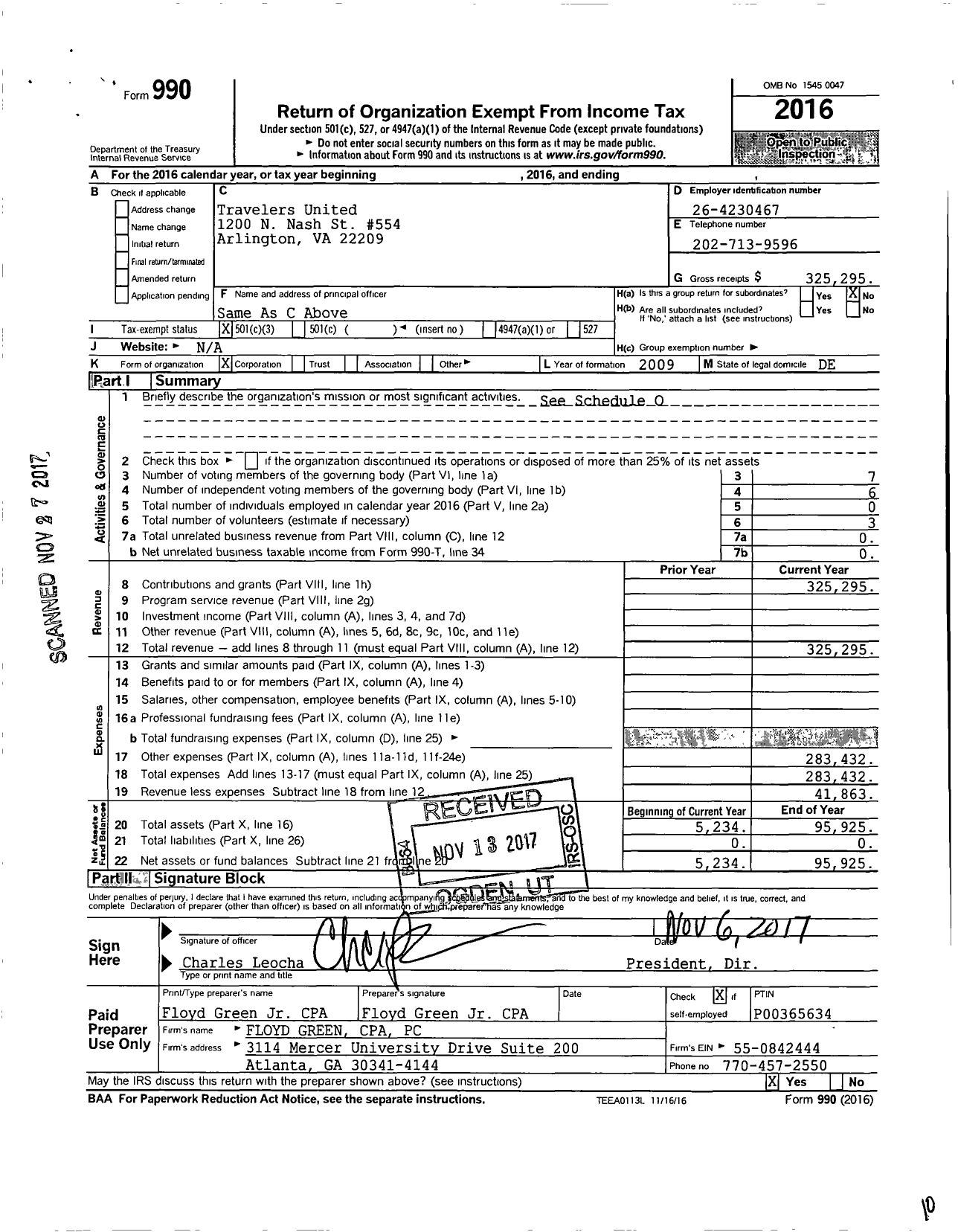 Image of first page of 2016 Form 990 for Travelers United