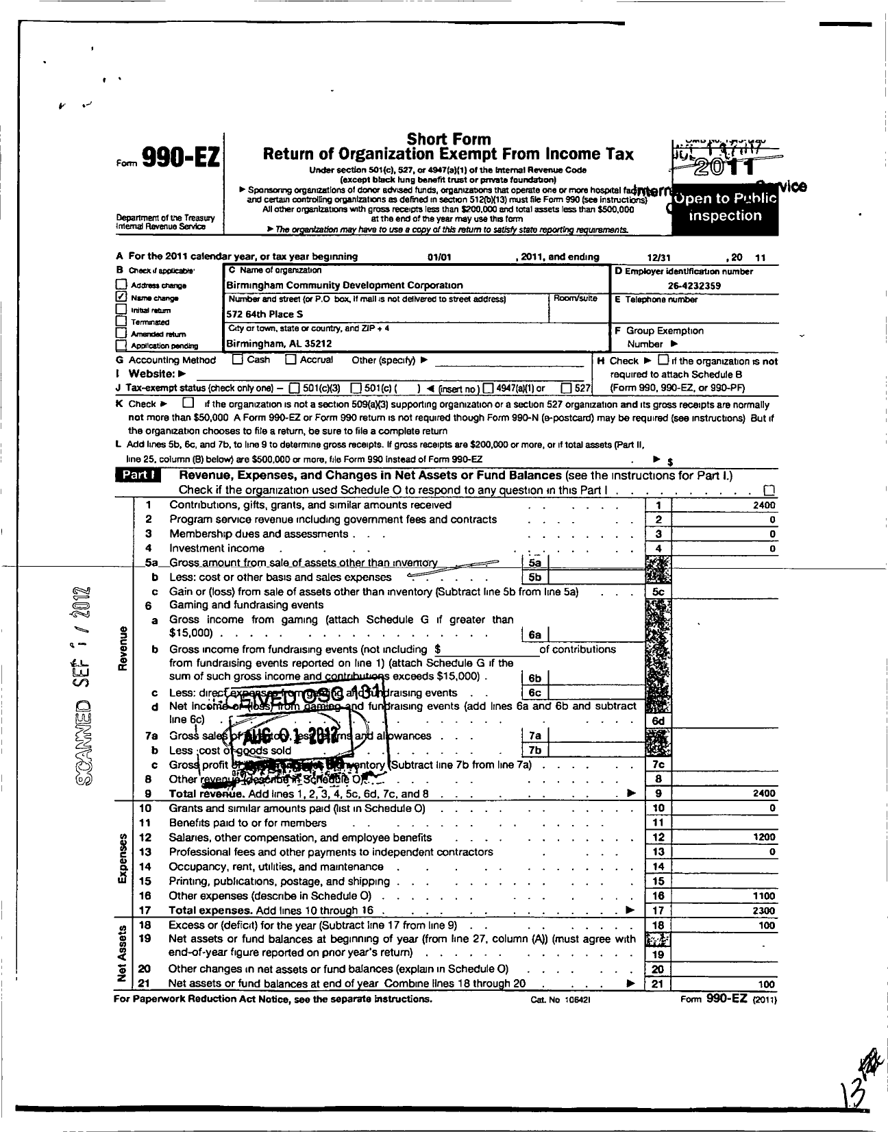 Image of first page of 2011 Form 990EO for Birmingham Community Development Corporation