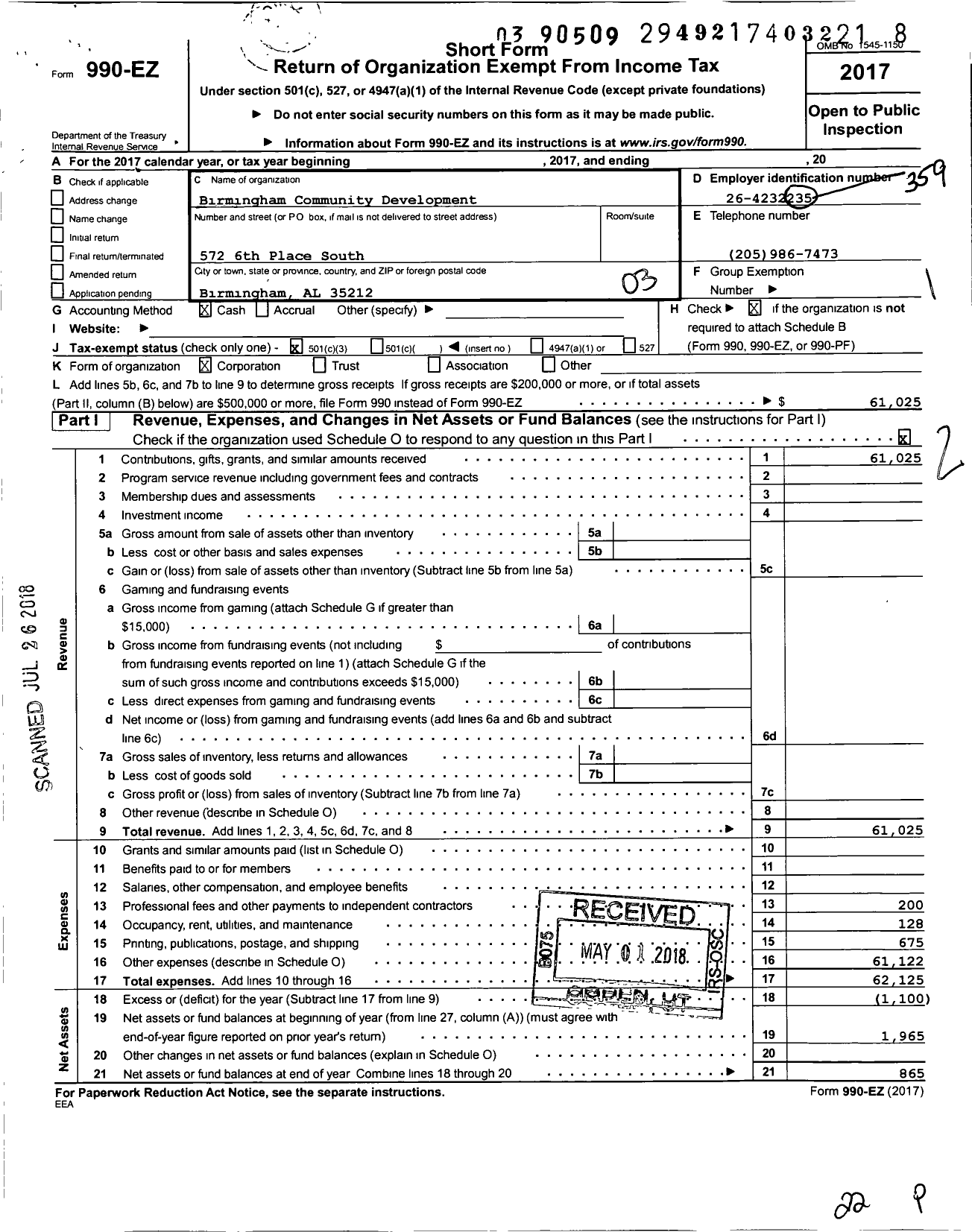 Image of first page of 2017 Form 990EZ for Birmingham Community Development Corporation