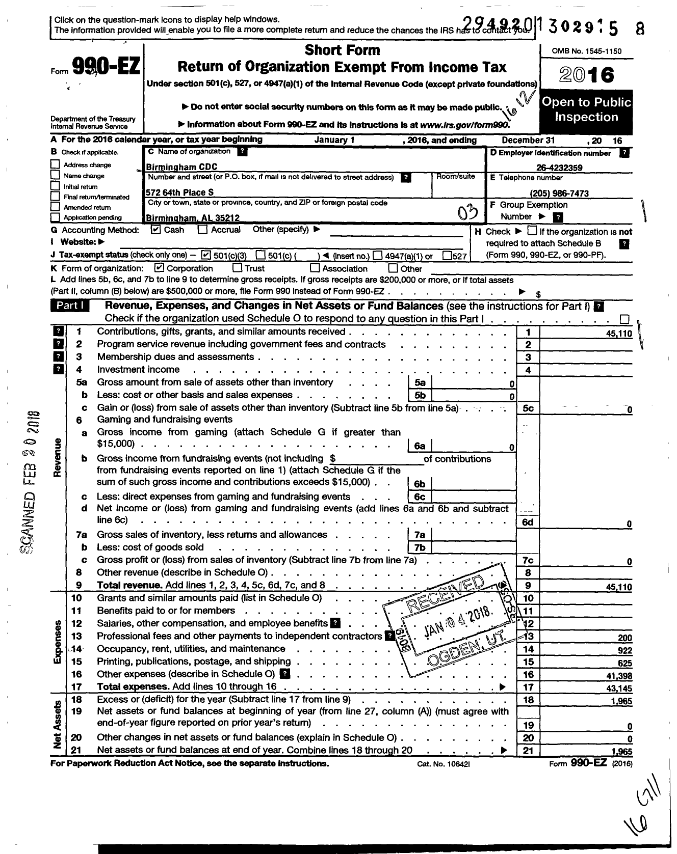 Image of first page of 2016 Form 990EZ for Birmingham Community Development Corporation