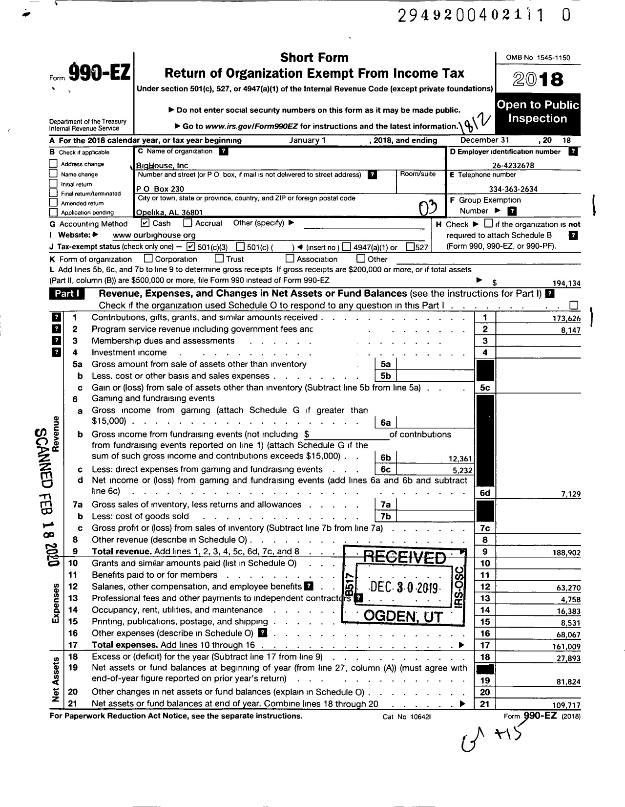 Image of first page of 2018 Form 990EZ for BigHouse Foundation