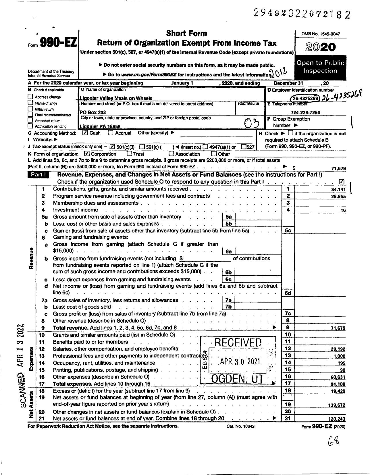 Image of first page of 2020 Form 990EZ for Ligonier Valley Meals on Wheels