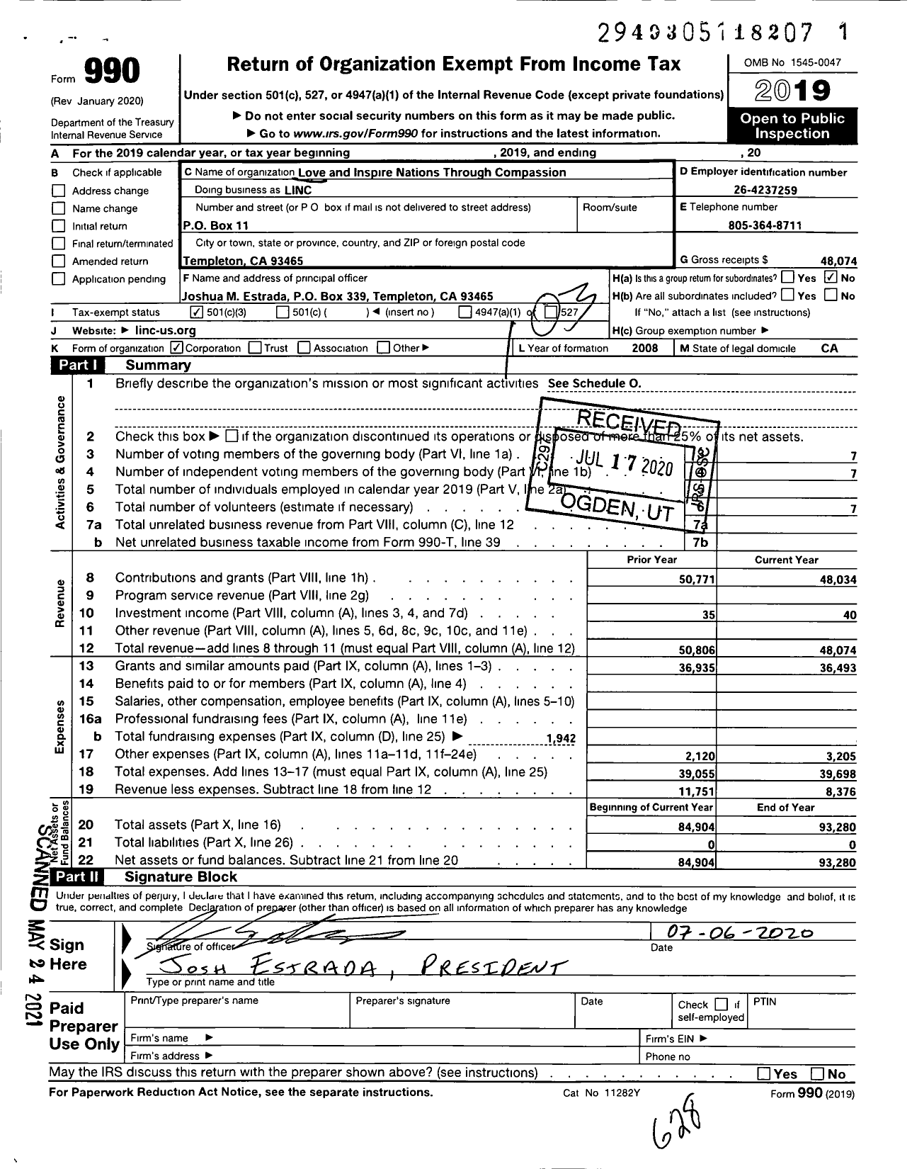 Image of first page of 2019 Form 990 for Love and Inspire Nations Through Compassion