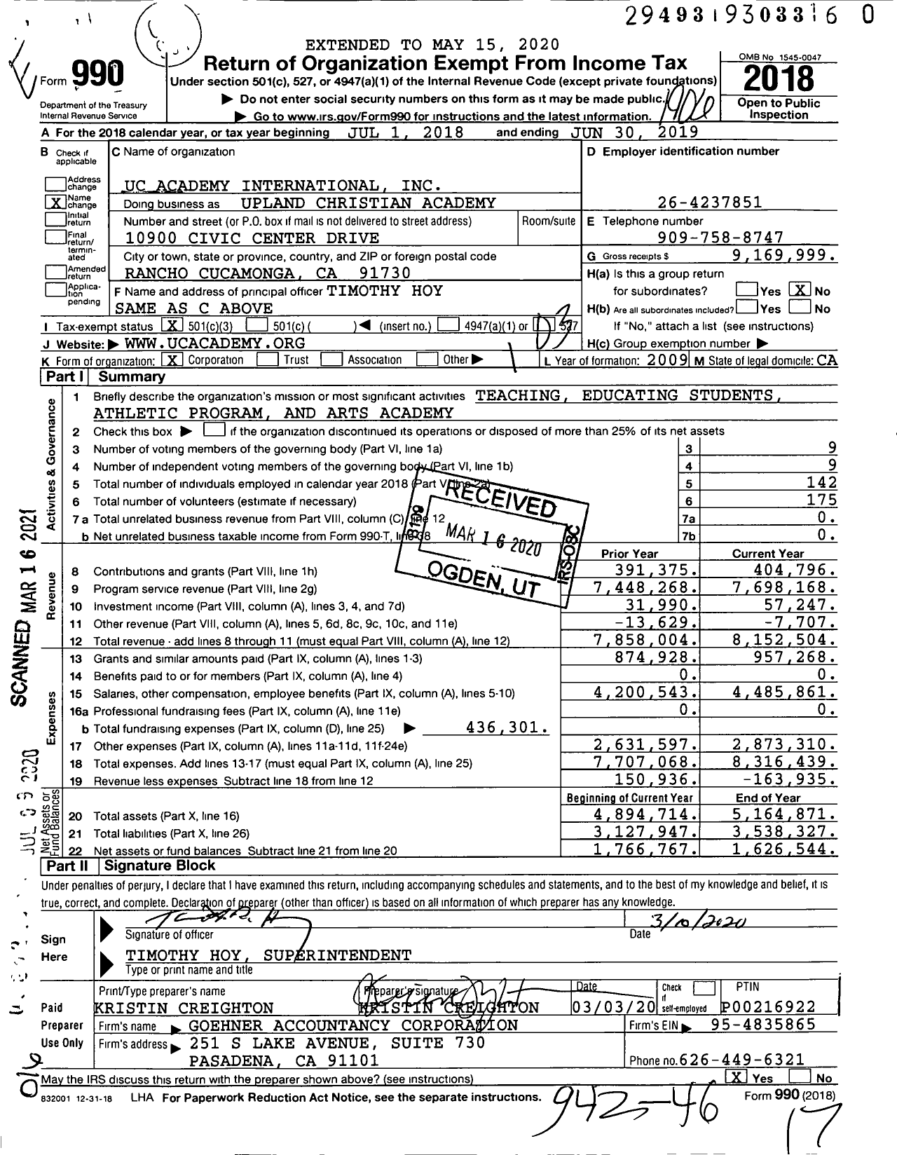Image of first page of 2018 Form 990 for United Christian Academy / Uc Academy International Inc