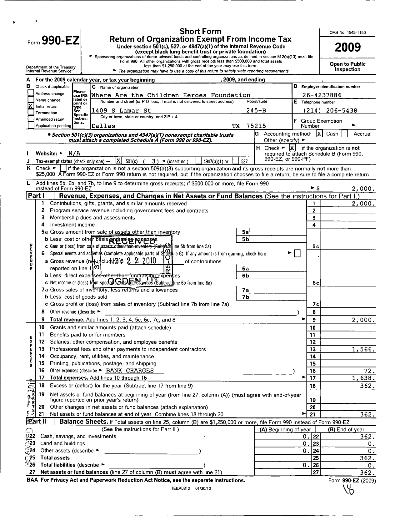 Image of first page of 2009 Form 990EZ for Where Are the Children Heroes Foundation