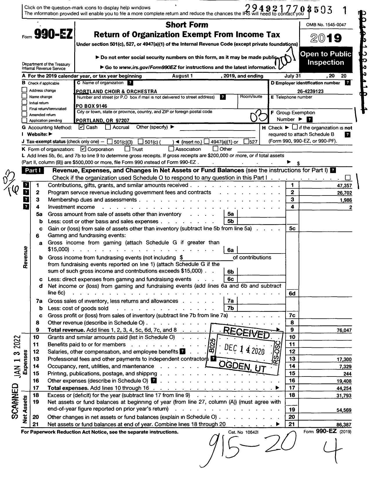 Image of first page of 2019 Form 990EZ for Portland Choir and Orchestra