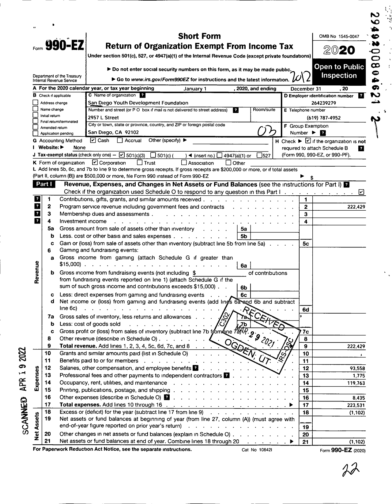 Image of first page of 2020 Form 990EZ for San Diego Youth Development Foundation