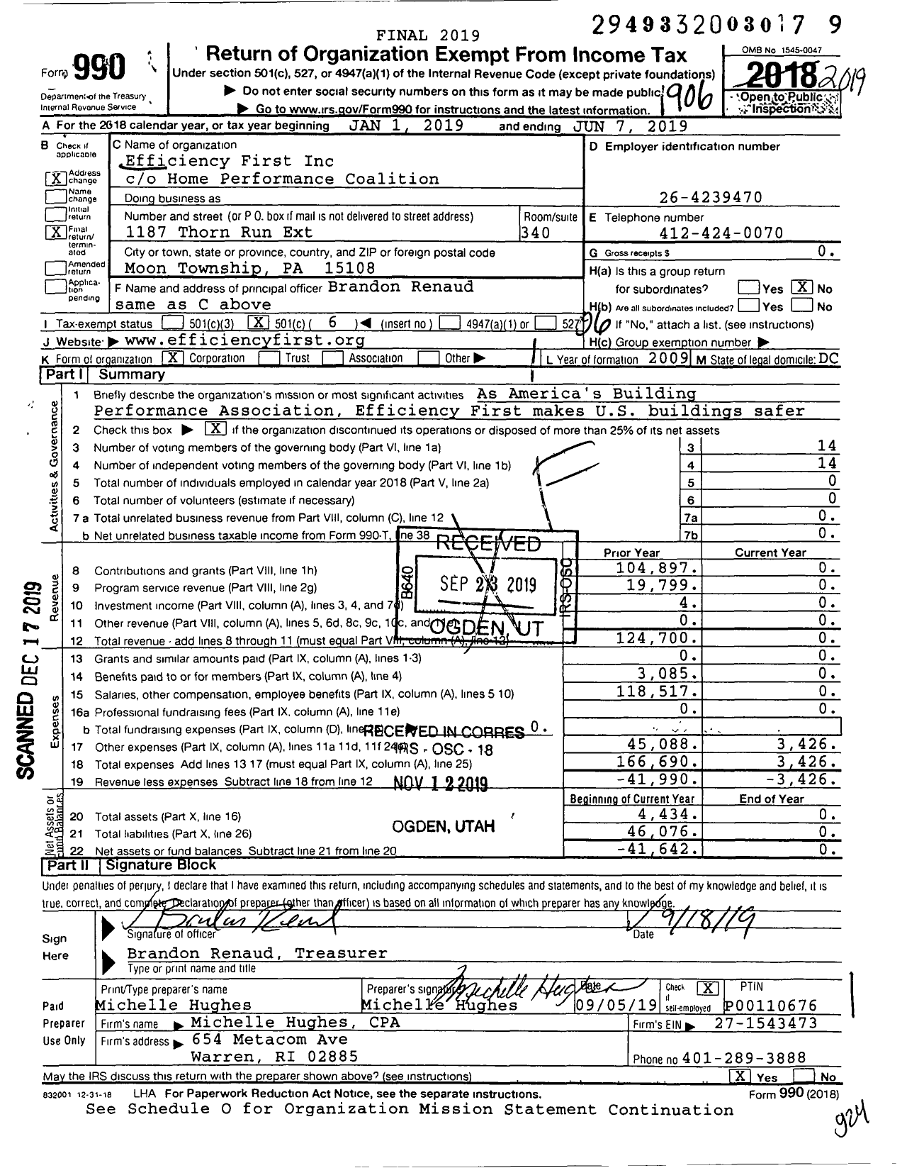 Image of first page of 2018 Form 990O for Efficiency First