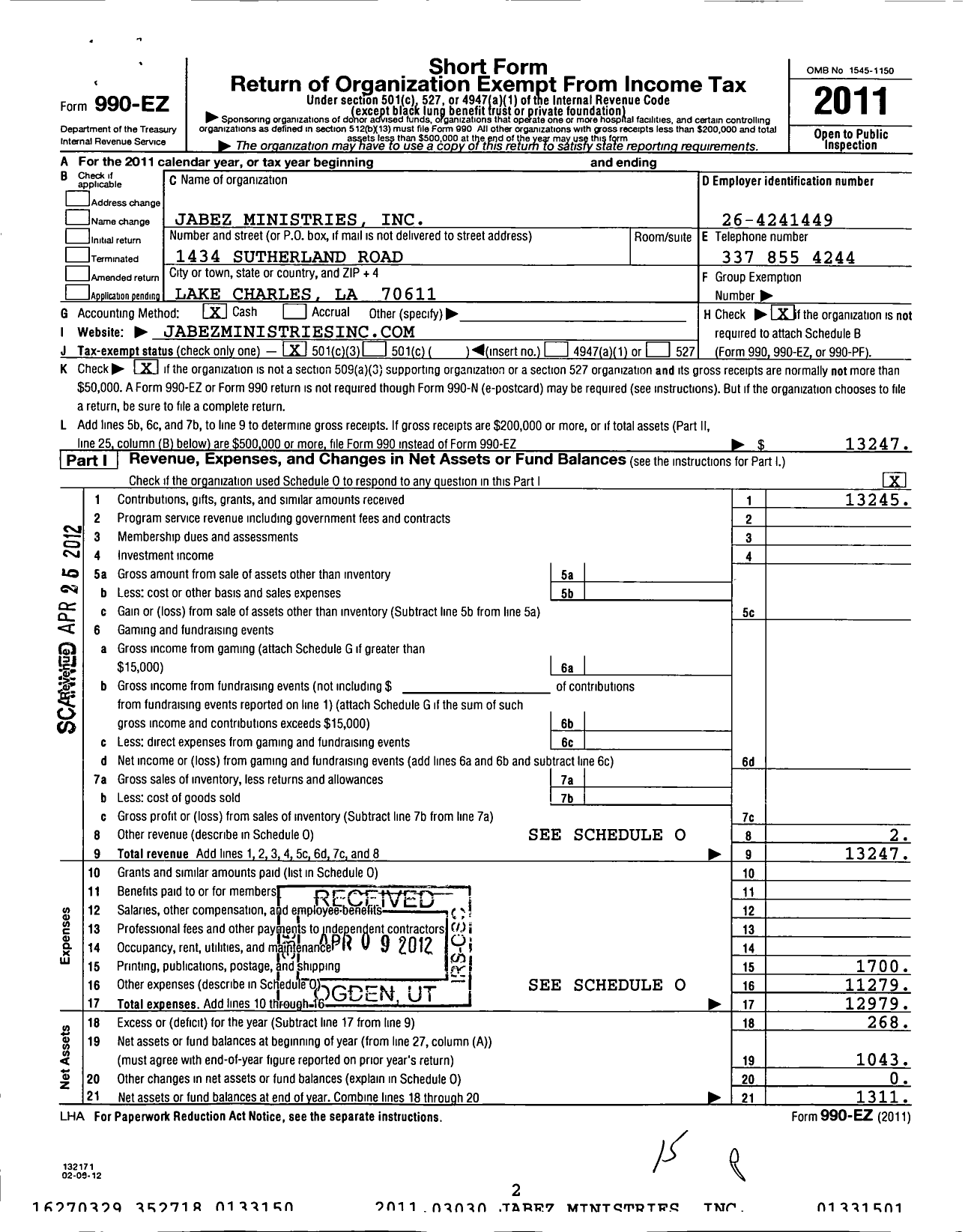 Image of first page of 2011 Form 990EZ for Jabez Ministries