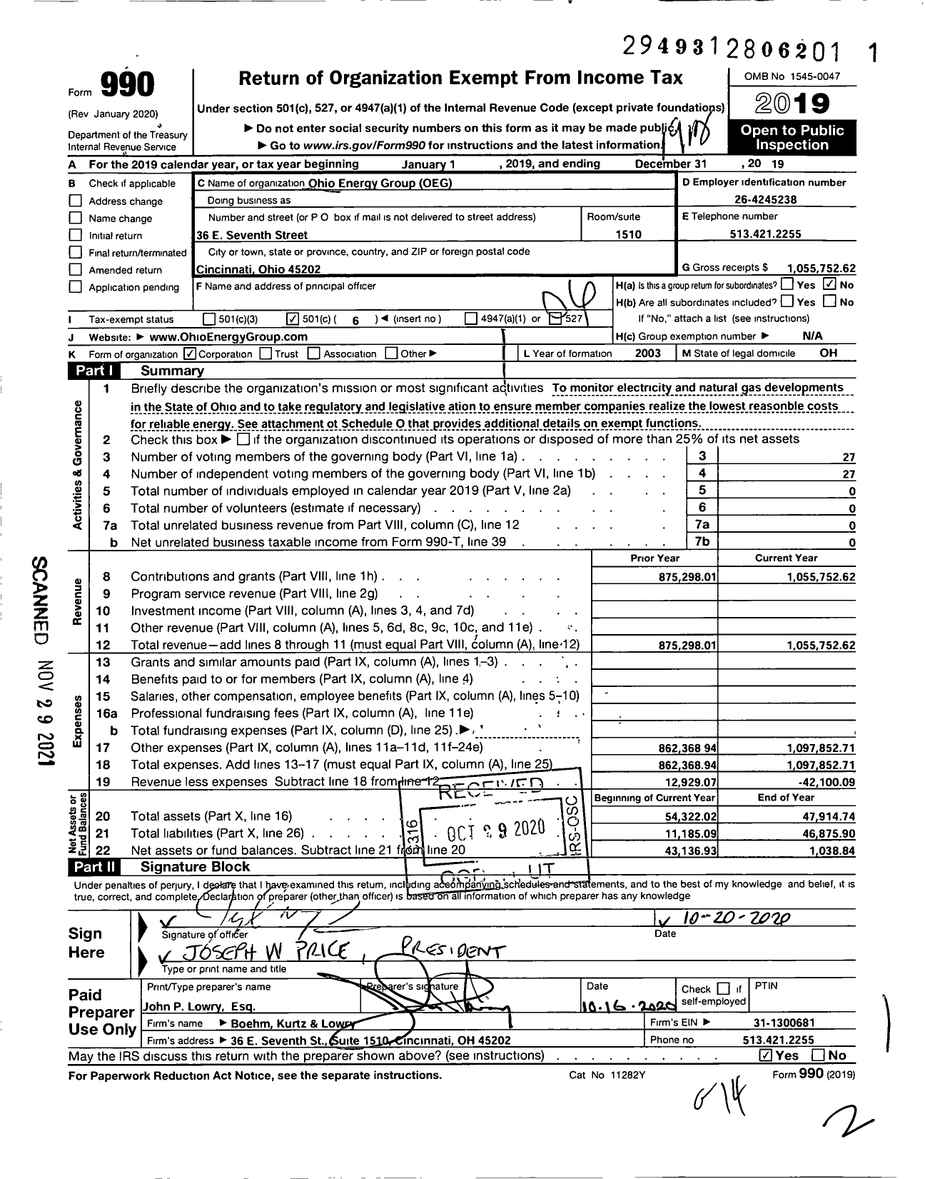 Image of first page of 2019 Form 990O for Ohio Energy Group (OEG)