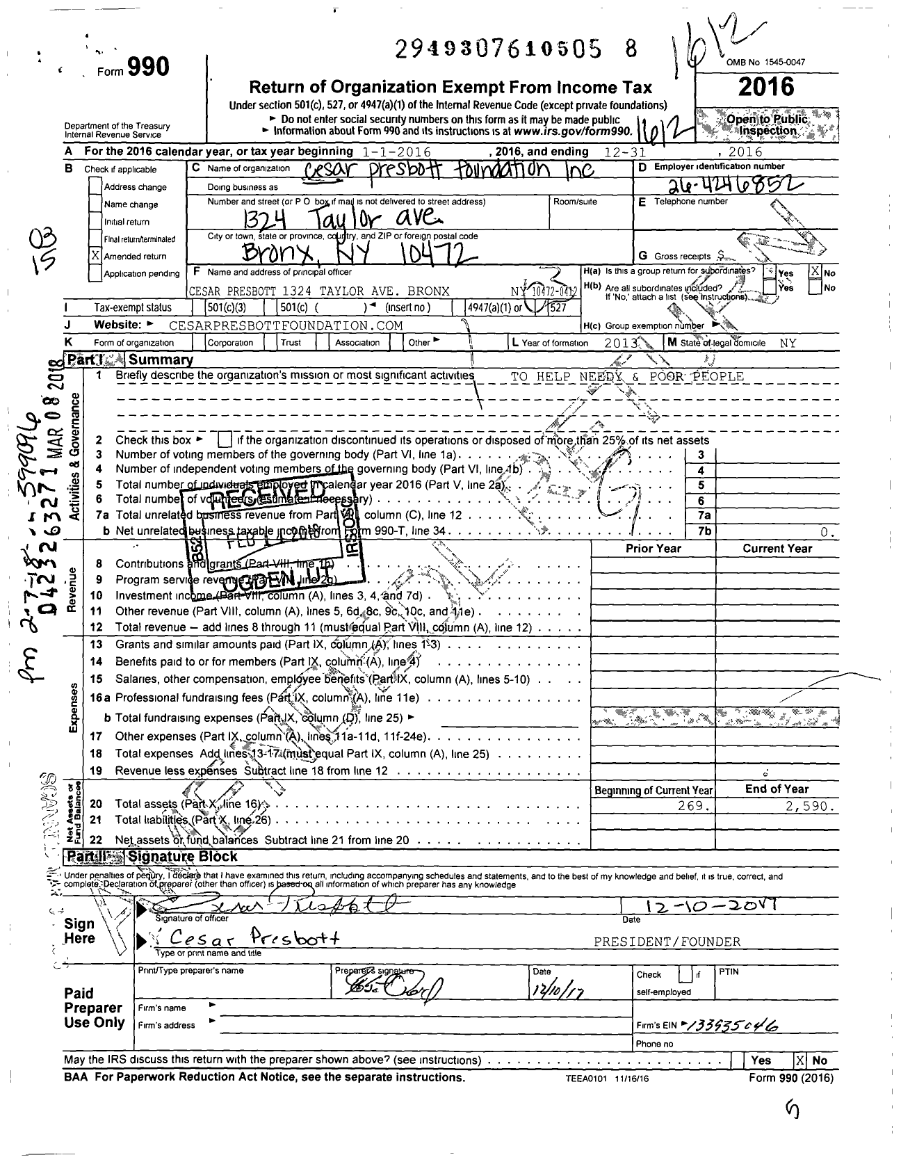 Image of first page of 2016 Form 990 for Cesar Presbott Foundation