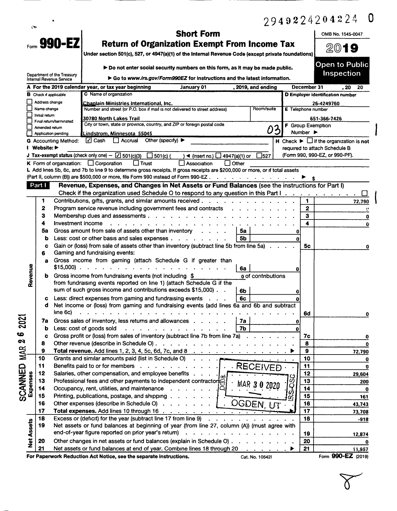 Image of first page of 2020 Form 990EZ for Chaplain Ministries International