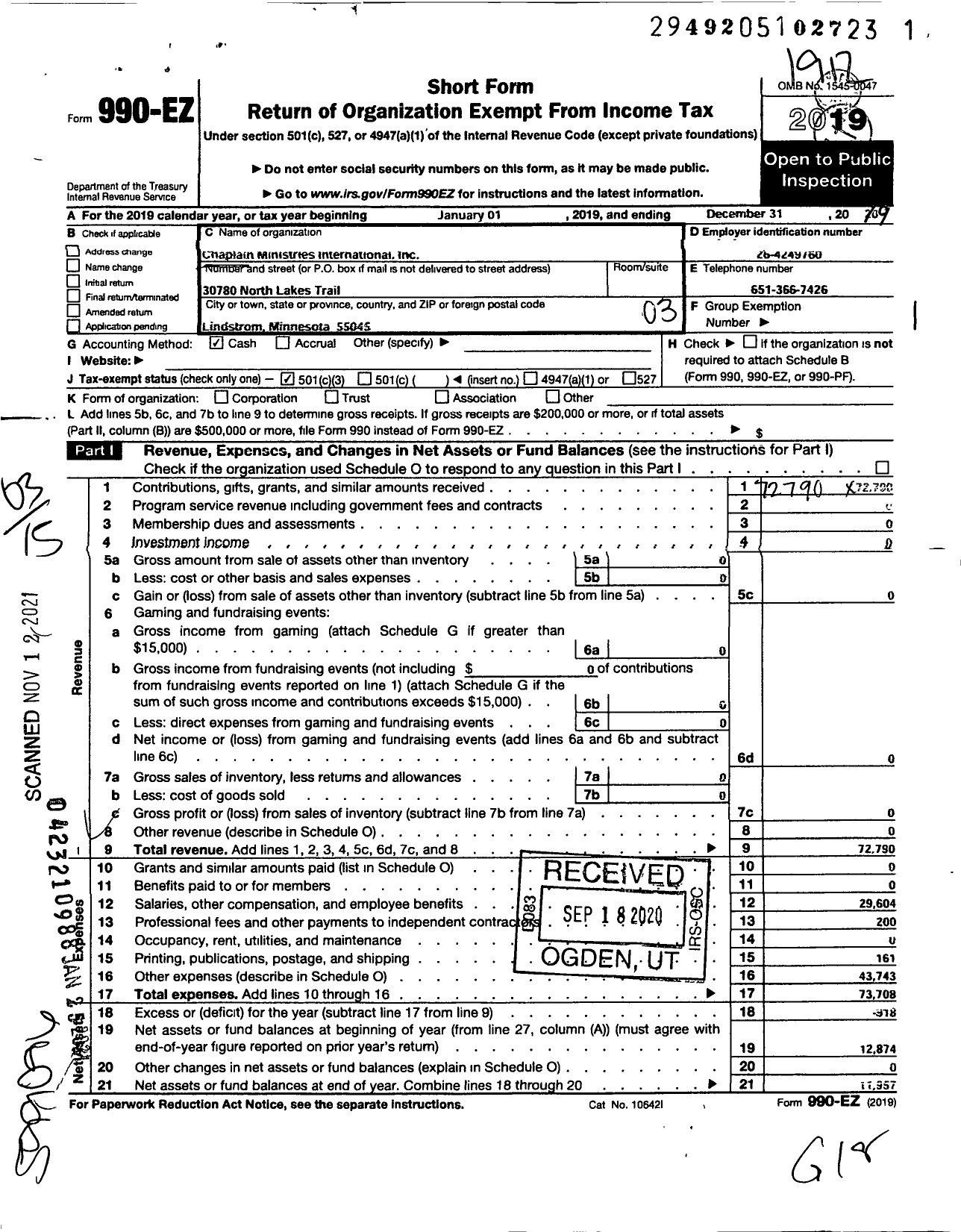 Image of first page of 2019 Form 990EZ for Chaplain Ministries International